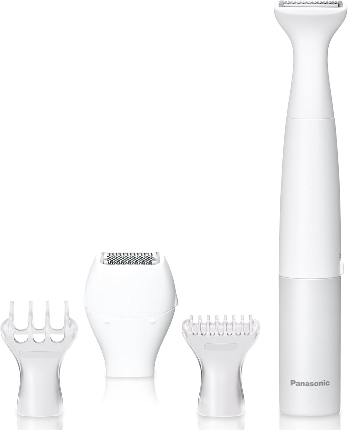 Panasonic Bikini Trimmer and Shaver for Women with 4 Attachments for Fast Easy Gentle Grooming in Intimate Areas, Use Wet/Dry, Electric Razor, Battery-Operated – ES-WV62-H (White/Silver)