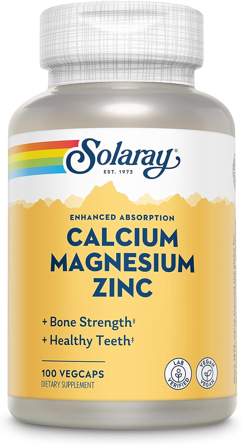 SOLARAY Calcium Magnesium Zinc Supplement – with Calcium 1000mg, Magnesium 500mg – Bone Health, Muscle Function, Heart Health and Immune Support – Vegan, 60 Day Guarantee, 25 Servings, 100 VegCaps