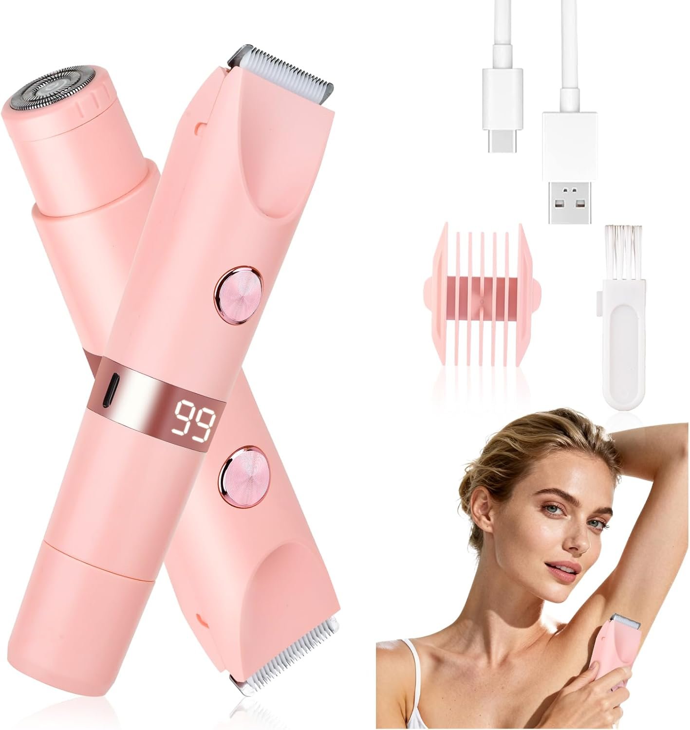 2-in-1 Electric Shaver & Bikini Trimmer with LED Display for Women & Men，IPX7 Waterproof Wet/Dry Electric Razor with Dual Head, Rechargeable Painless Body & Facial Hair Remover (Pink)