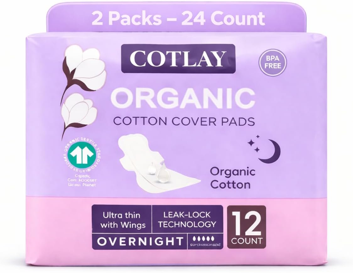 Organic Cotton Overnight Pads for Women with Wings –24 Count | Sanitary Pads for Women Overnight | Period Pads | Non Toxic Feminine Hygiene, for Sensitive Skin, Thin Overnight Maxi Pads