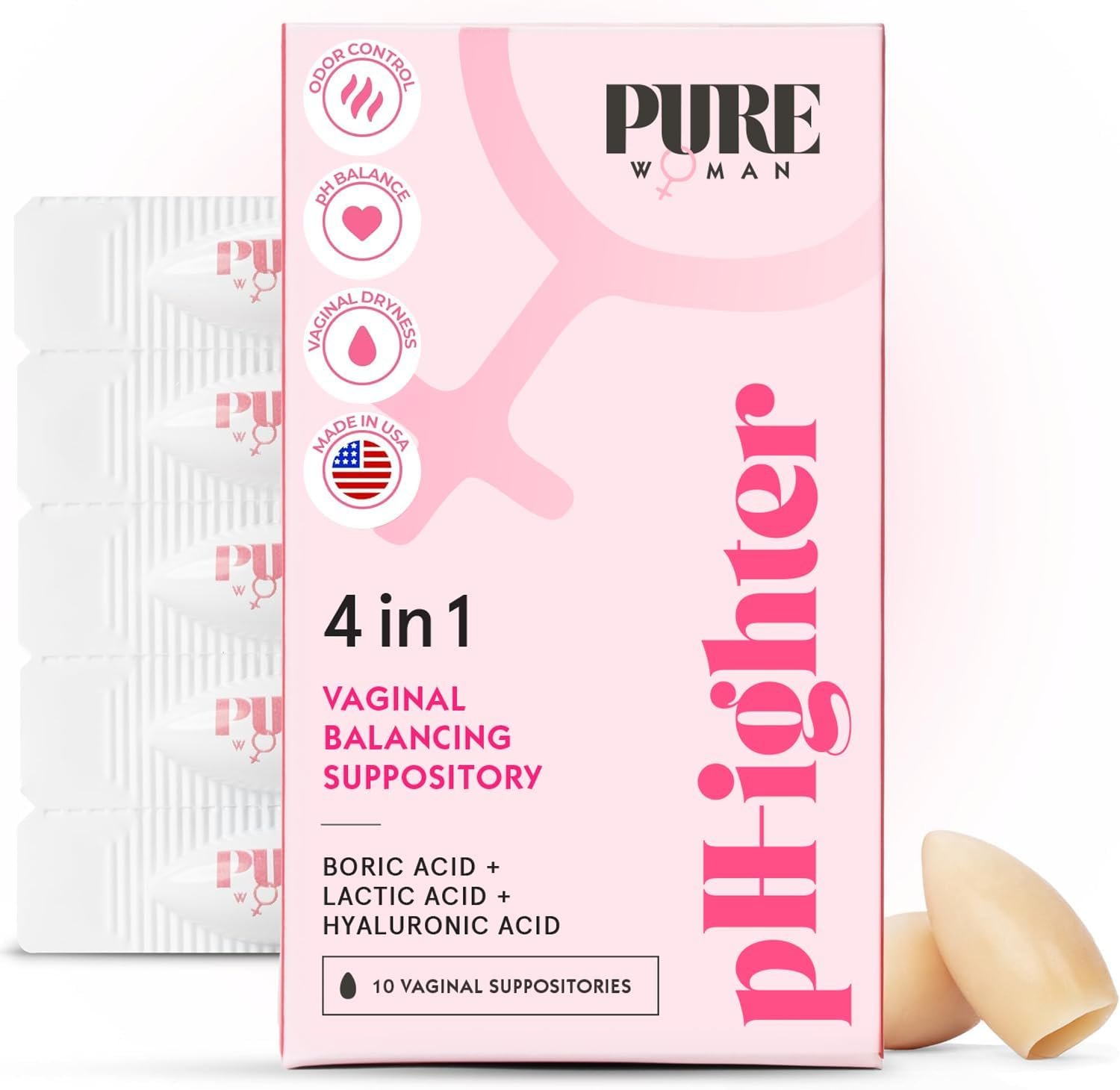 PURE WOMAN – pH-ighter Vaginal Boric Acid Suppositories for Women – Hyaluronic Acid – 4 in 1 Vaginal Suppositories for Discomfort, Dryness, Odor & pH Balance- Full Vaginal Health Care – 10ct