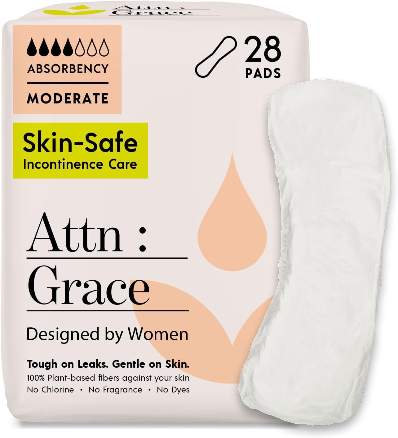 Attn: Grace Moderate Incontinence Pads for Women, 28-Pack – Plant-Based, High Absorbency, Breathable – Incontinence Pads for Moderate Bladder Leaks & Sensitive Skin