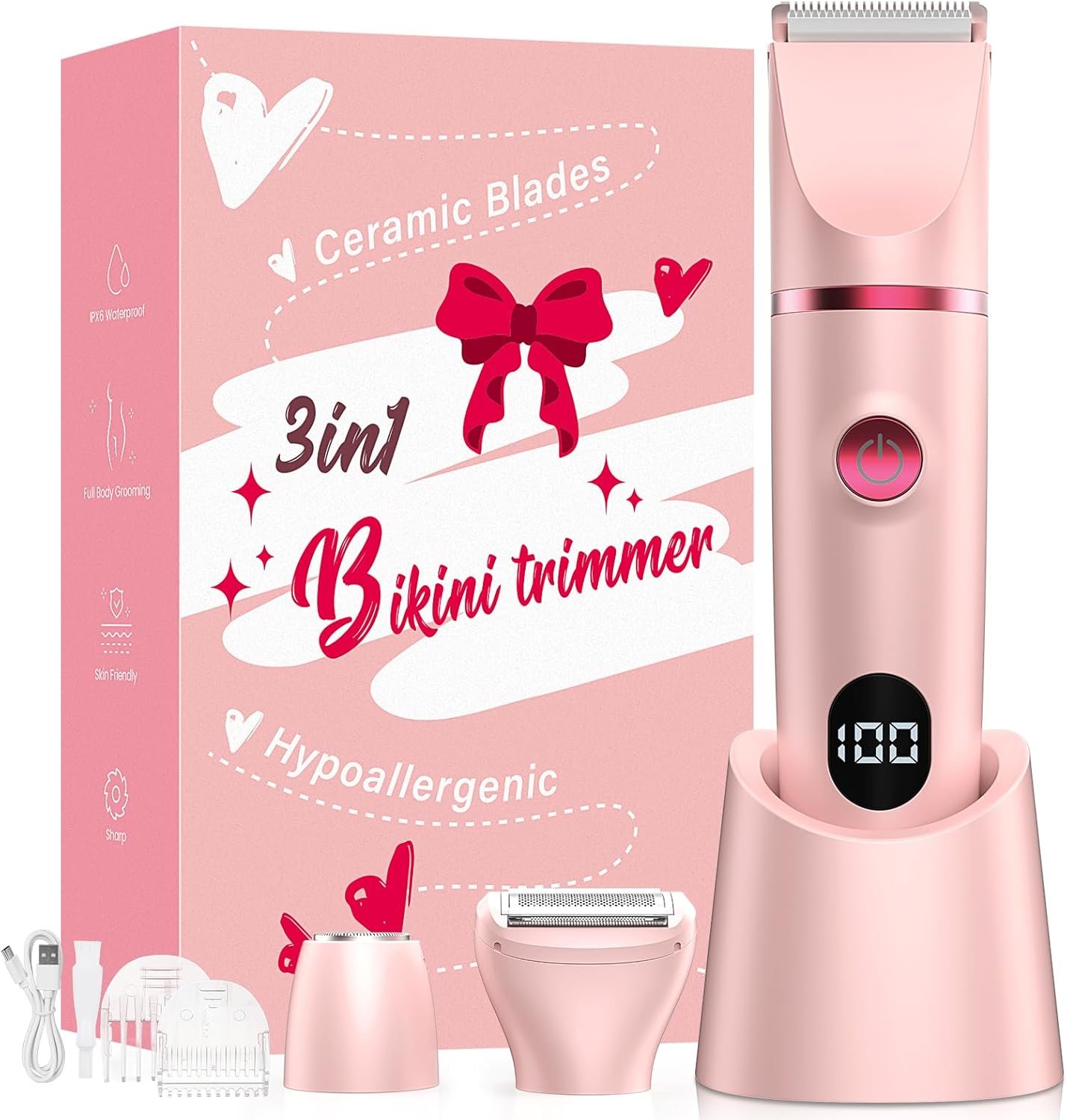 Bikini Trimmer for Women, 3-in-1 Electric Razors for Women, IPX7 Waterproof Rechargeable Cordless Pubic Hair Shaver, with LED Display, for Ladies Bikini Pubic, Face, Underarms, Legs(Pink)