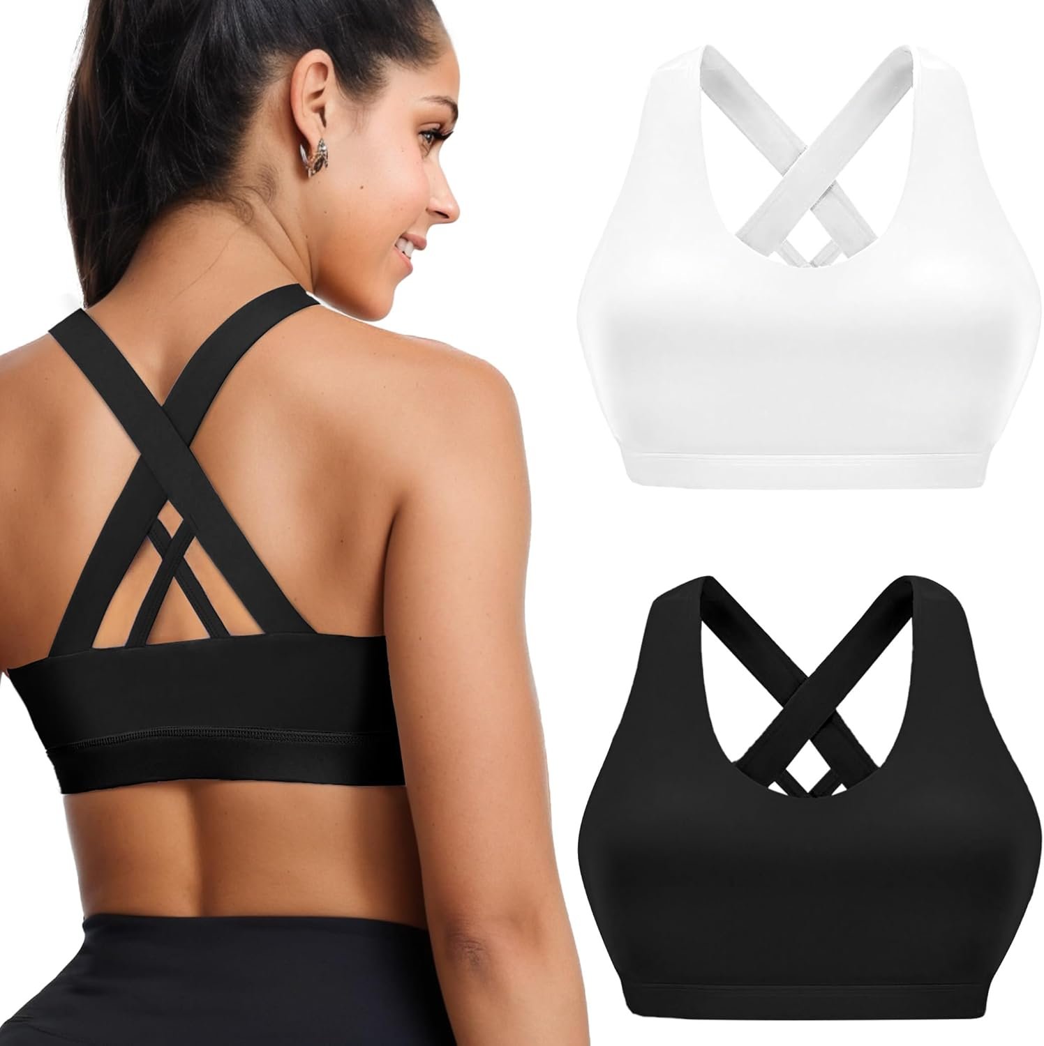Buauty 2 Packs Sports Bras for Women High Support, Push Up Sports Bra, Criss-Cross Back High Impact Yoga Bras for Large Bust