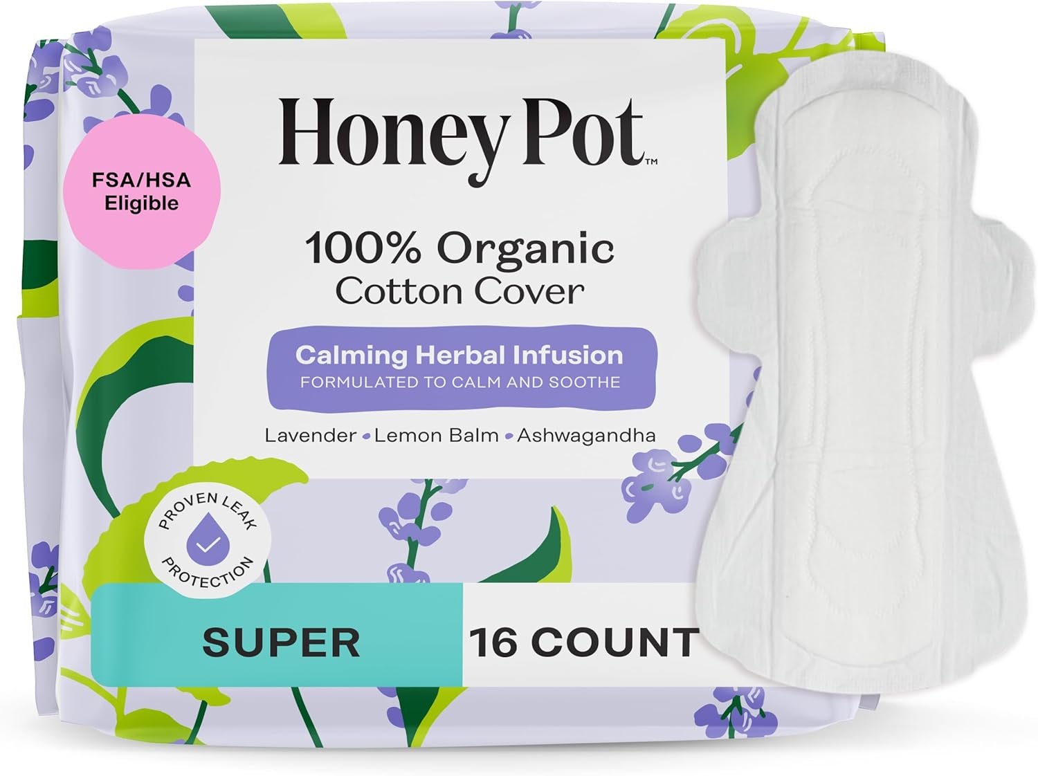 Honey Pot – Calming Herbal Super Sanitary Pads for Women – 100% Organic Cotton Top Sheet – Feminine Care – Non Cooling – Calming Herbs of Lavender, Ashwagandha, & Lemon Balm – 16ct