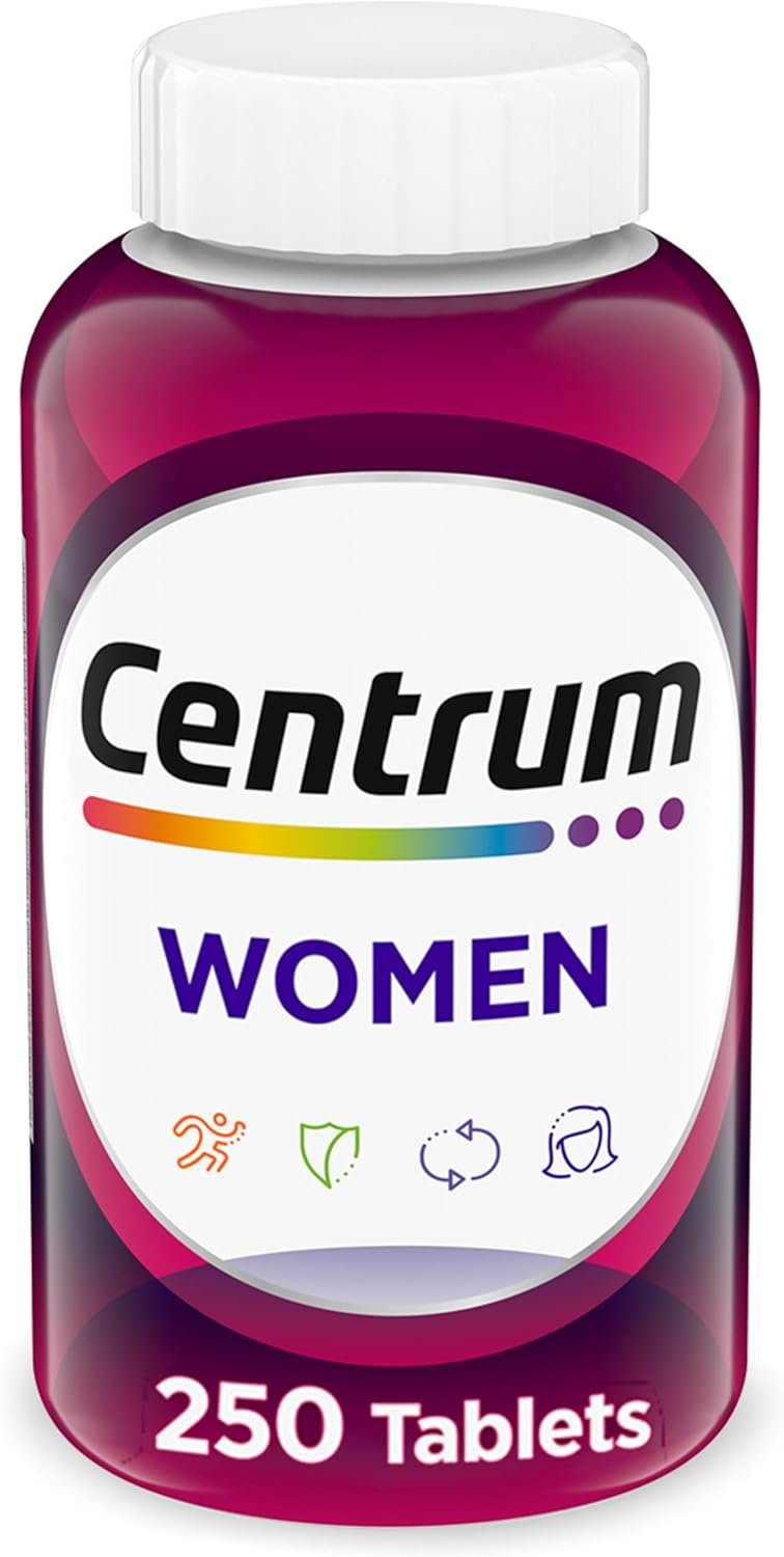 Centrum Multivitamin for Women, Multimineral Supplement with Iron, Vitamin D3, B Vitamins and Antioxidant Vitamins C and E, Gluten Free, Non-GMO Ingredients – 250 Count