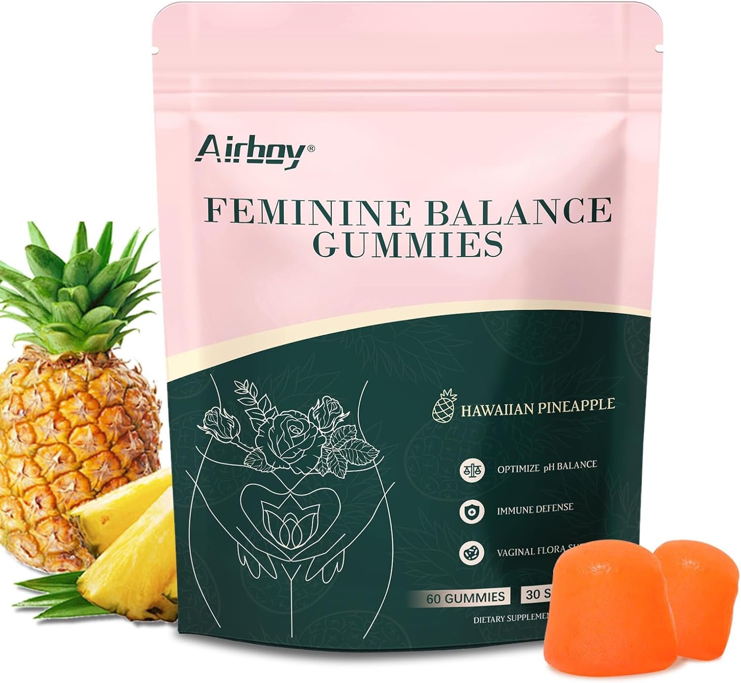 Airboy Vaginal Probiotic Gummies for Women, Pineapple Gummies for Women Balanced PH, Yeast Balance & Flora Support – 60 Gummies