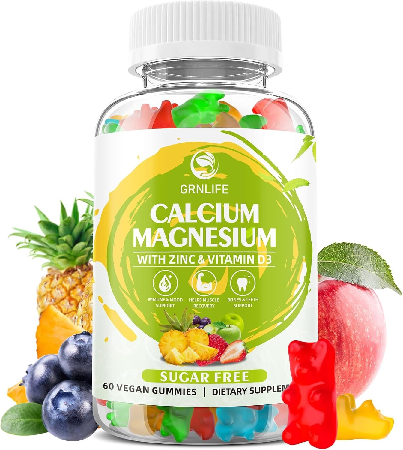 Calcium Magnesium Zinc Supplement with Vitamin D3, Sugar Free Calcium Gummies for Women Men, High Potency Magnesium Gummies for Bone & Muscle & Immune Health, Mixed Flavors – 60 Count