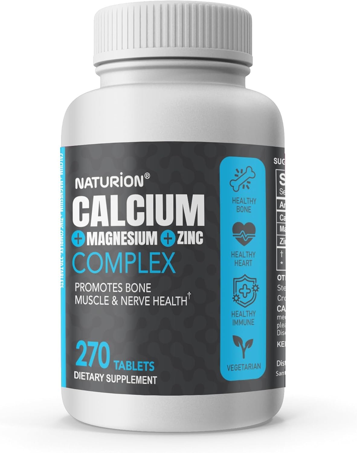 Calcium Magnesium Zinc Supplement – 3-in-1 Complex with 1000mg Calcium, 500mg Magnesium, 10mg Zinc – Bone, Muscle & Immune Support – 270 Tablets, 90 Day Supply