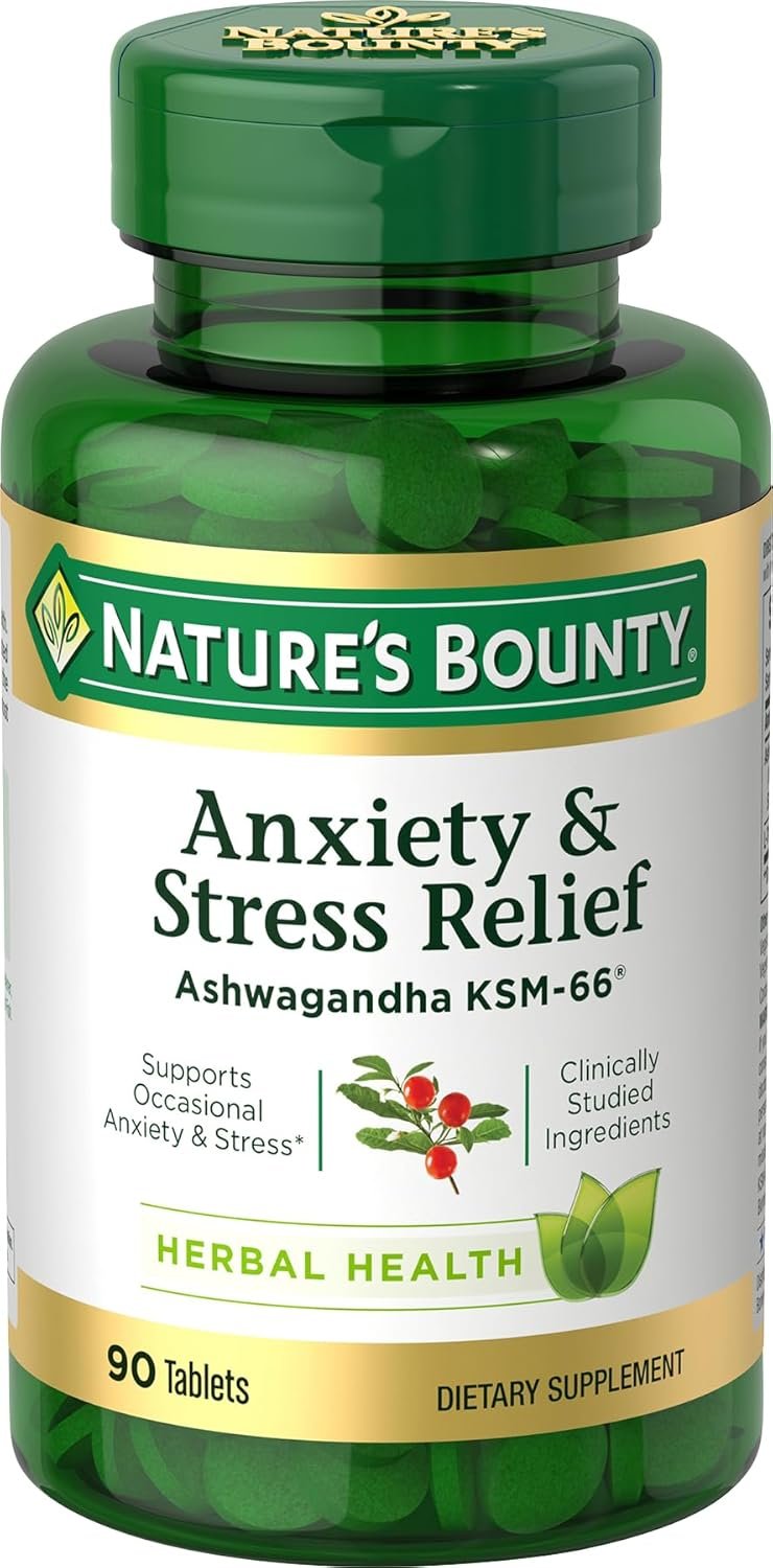 Nature’s Bounty Stress Relief, Ashwagandha KSM-66, Supports Occasional Stress Relief, Dietary Supplement, 2 Tablets per Day, Vegetarian Tablets, Gluten Free, 90 Ct