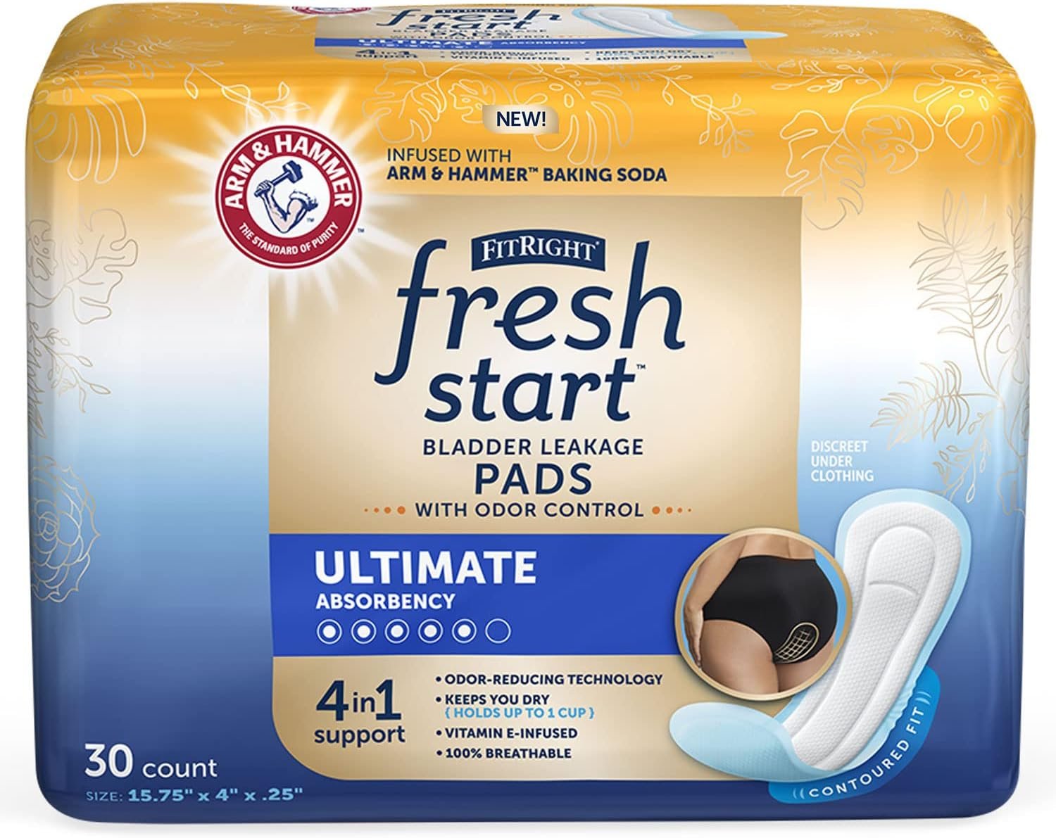 FitRight Fresh Start Postpartum and Incontinence Pads for Women, Ultimate Absorbency (30 Count) Bladder Leakage Pads with The Odor-Control Power of ARM & Hammer (30 Count, Pack of 1)
