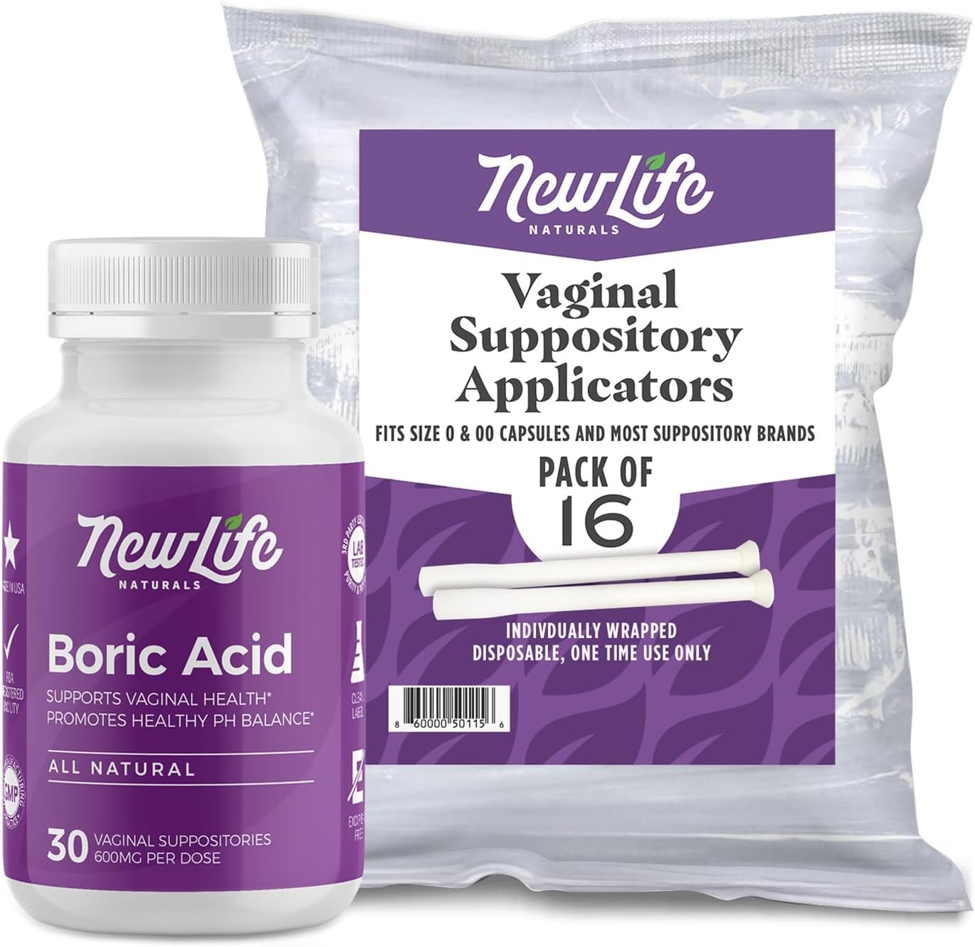 NewLife Naturals Boric Acid Vaginal Suppositories 600mg (30 Pack) with 16 Applicators – for pH Balance, Feminine Health and Intimate Wellness – Made in USA