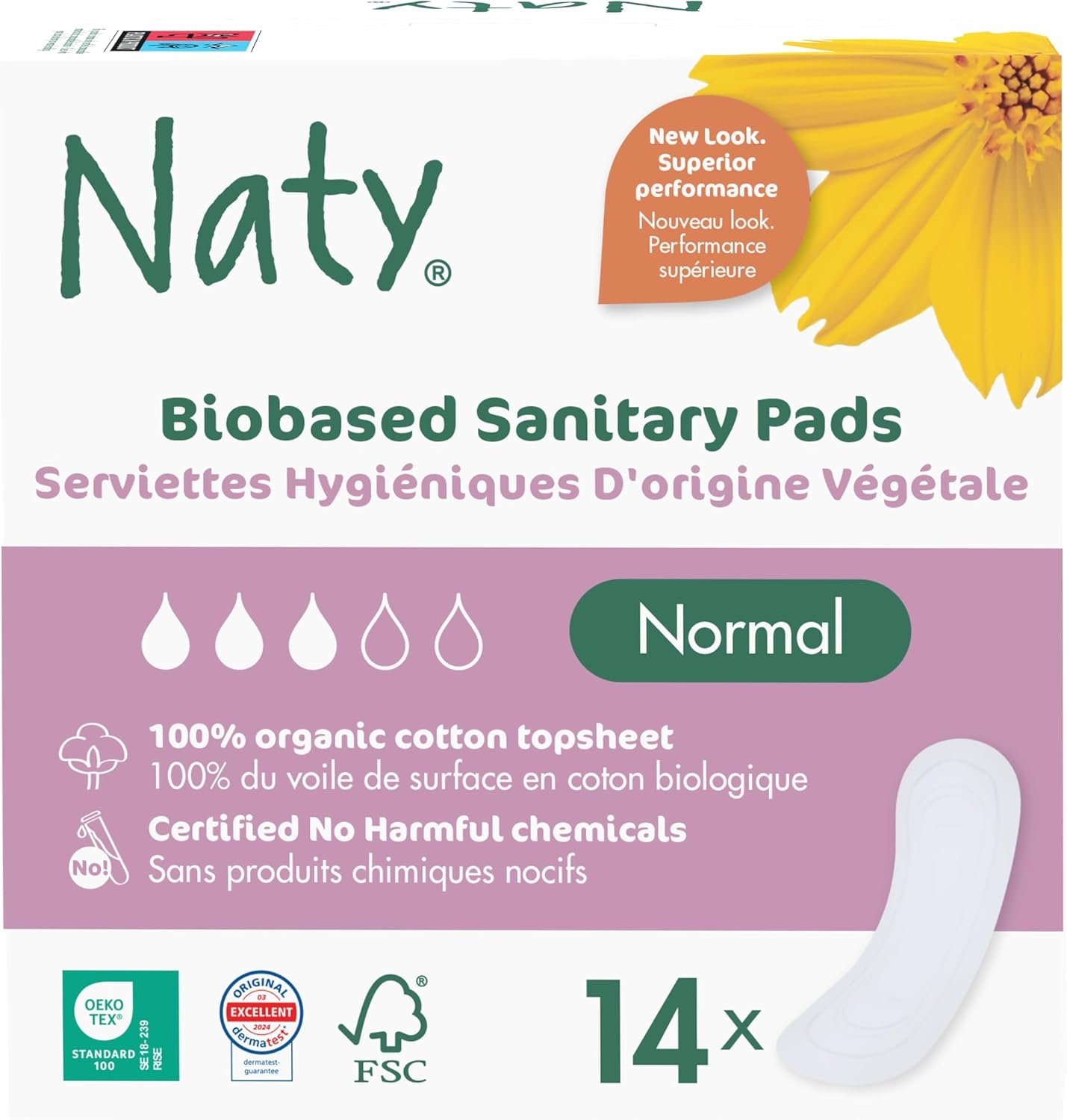 Naty Sanitary Pads Normal Without Wings | 100% Certified Organic Cotton top Sheet | Certified Skin-Safe | Without Perfume, 0% Conventional Plastic| Absorbent Protection| 14 Pads