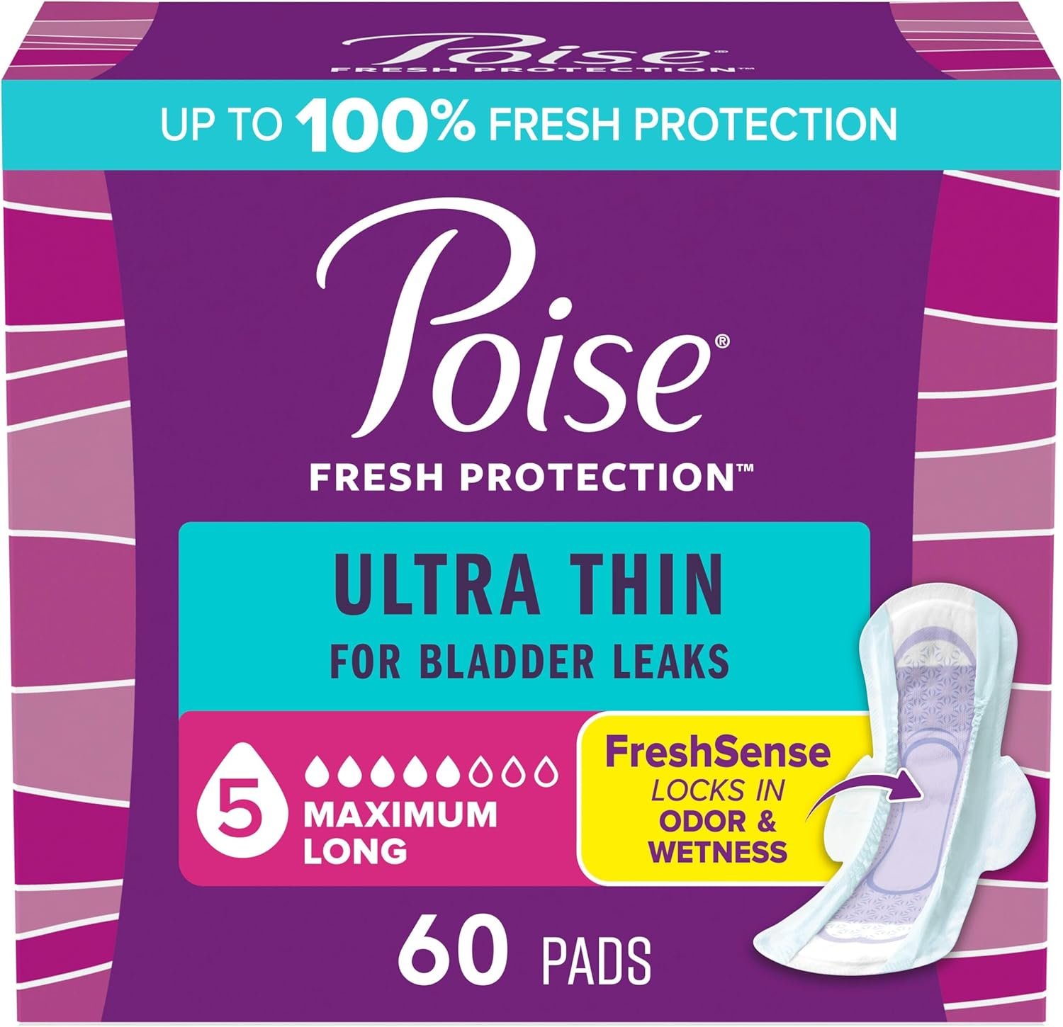 Poise Ultra Thin Incontinence & Postpartum Pads with Wings for Bladder Leaks, 5 Drop Maximum Absorbency, Long Length, 60 Count (Packaging May Vary)
