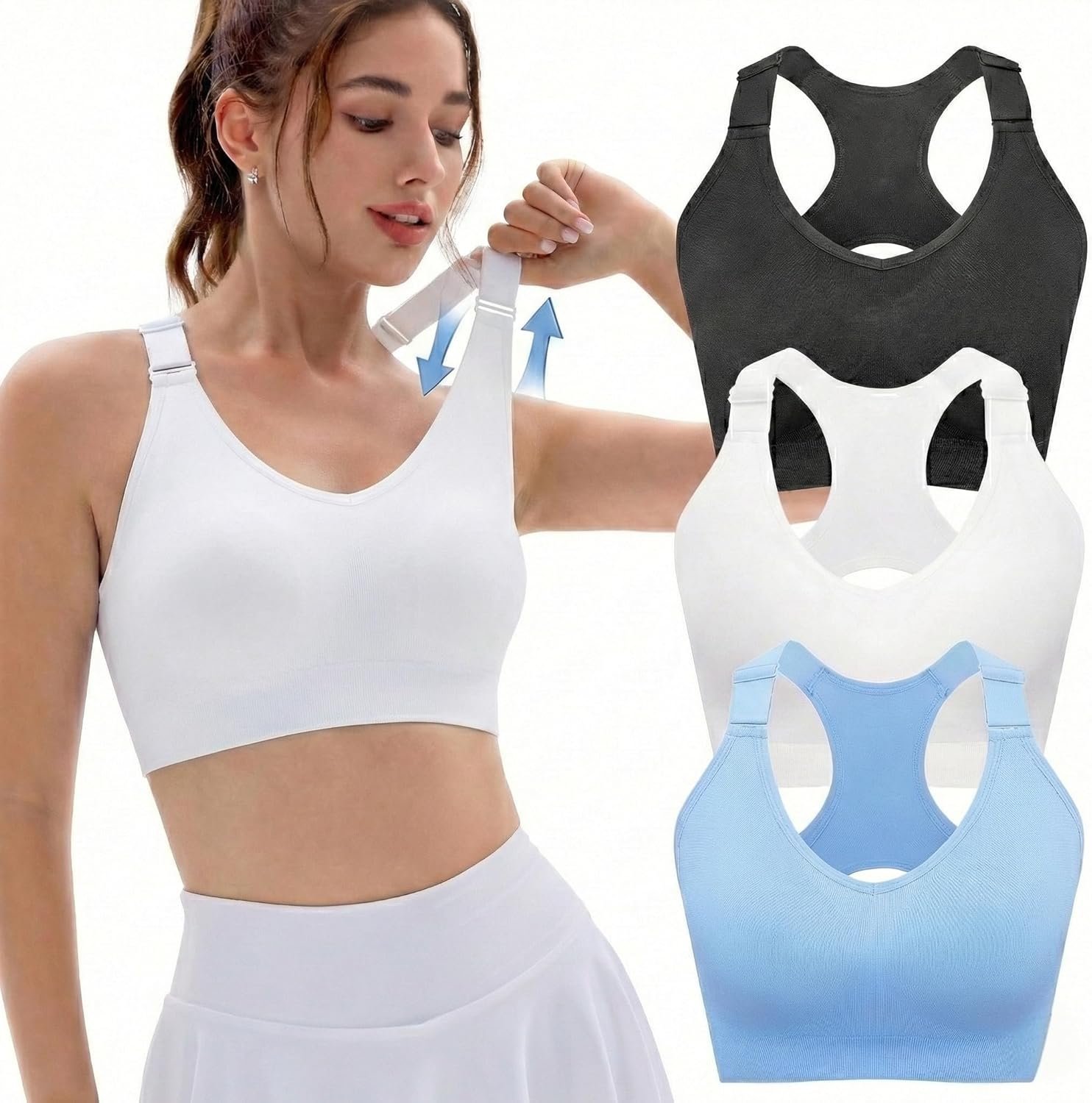 FITTIN Racerback Sports Bras for Women: High Support 3 Pack Adjustable Padded Full Coverage for Gym Workout – for Large Bust