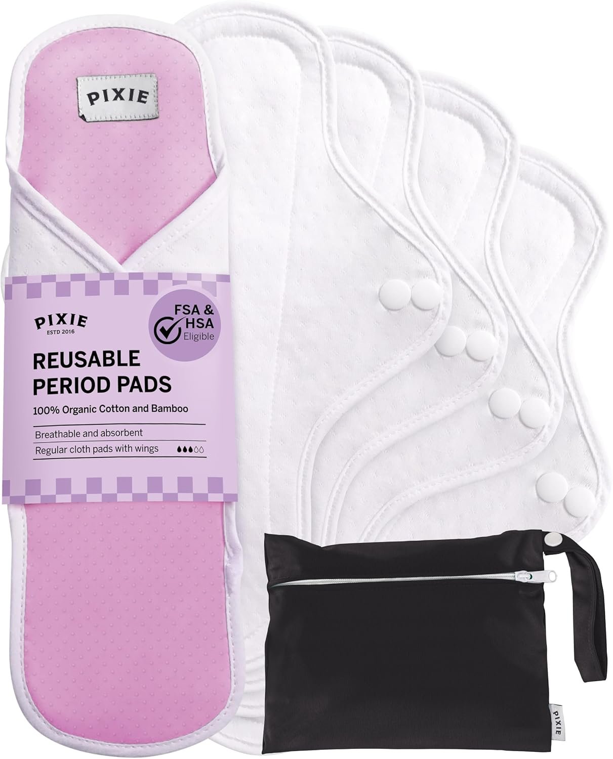 Pixie Cotton Cloth Pads for Feminine Care – 100% Organic Reusable Pads – Ranked 1 for Softest Menstrual Sanitary Napkins – Machine Washable & Includes Free Wet Bag – Menstrual Liner (Regular)