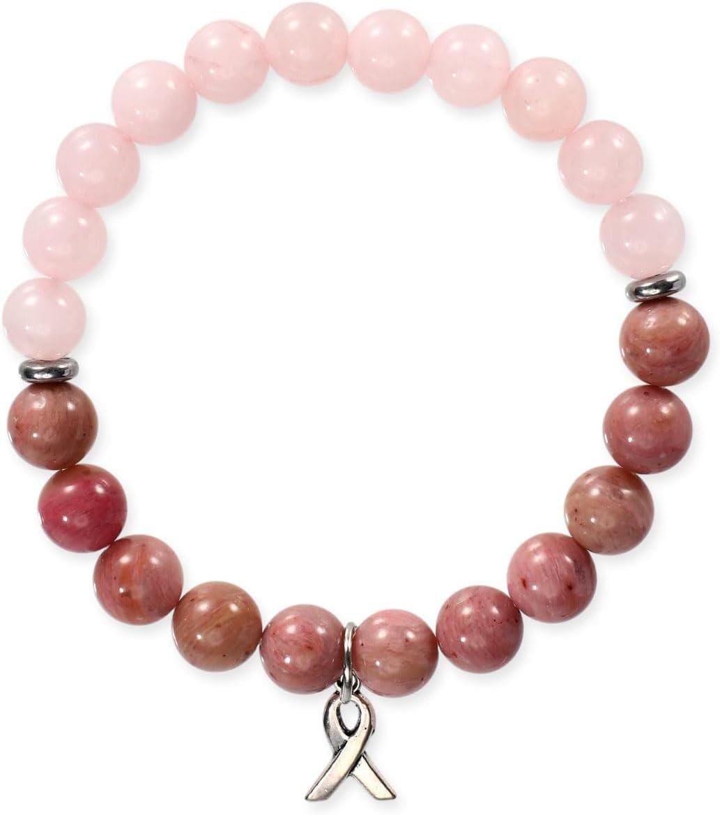 Mikovivi Breast Awareness Bracelet, Ribbon Charm Beaded Bracelets Natural Stone Crystal Self Care Inspirational Bracelets Encouragement Gifts for Woman Stress Anxiety Relieving Accessories