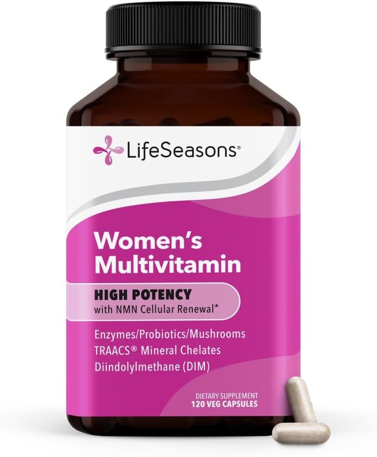 LifeSeasons Women’s Multivitamin – High Potency with 21 Vitamins & Minerals, PureWay-C®, NAD+, Active B-Vitamins, TRAACS® Chelates, enXtra® for Energy, Probiotics & Mushrooms – 120 Veg Capsules