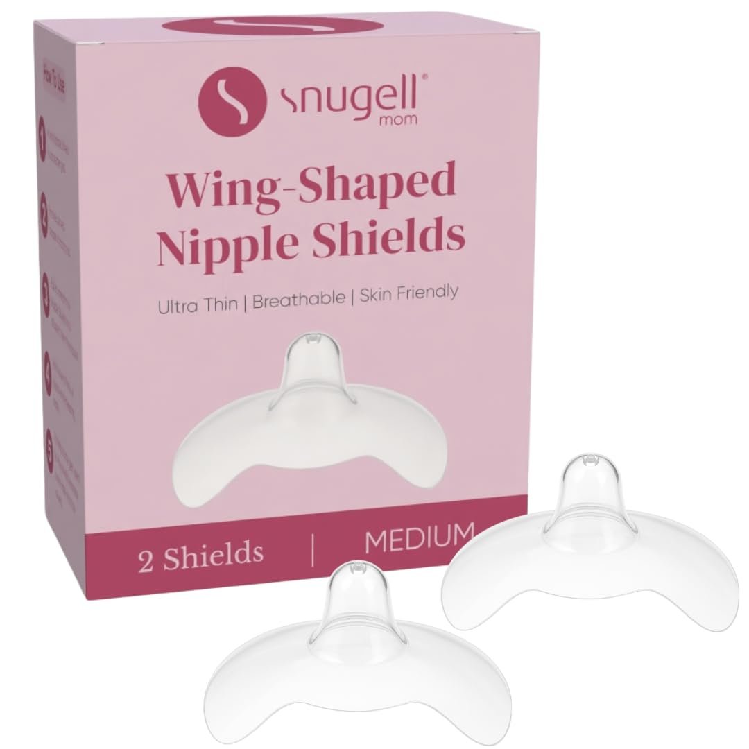 Snugell Wing-Shaped Nipple Shields for Breastfeeding, Medium 20mm – Ultra-Thin Food-Grade Silicone Nursing Shields, 2-Pack with Case – for Flat, Inverted or Sore Nipples – Newborn Latch Support