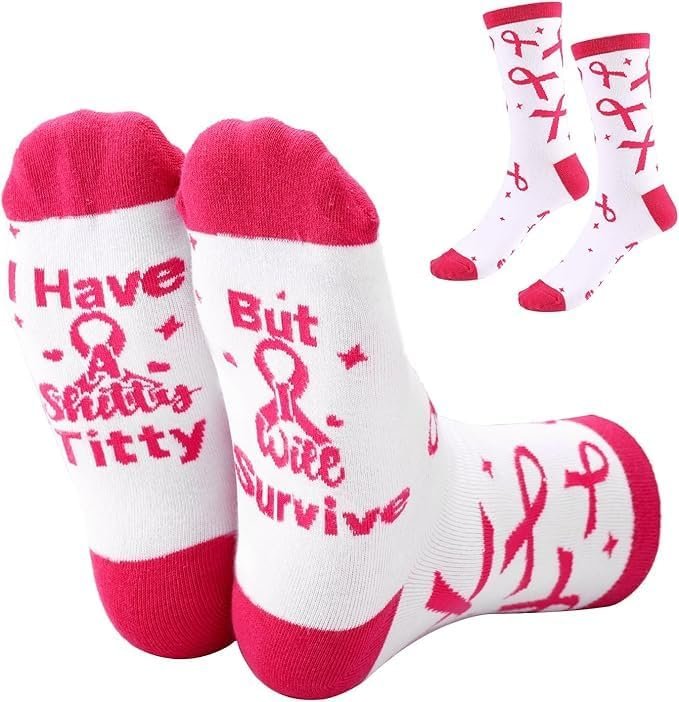 Breast Problem Socks for Women, Inspirational Pink Ribbon Socks for Chemo Fighters and Survivors Breast Awareness & Support Gift