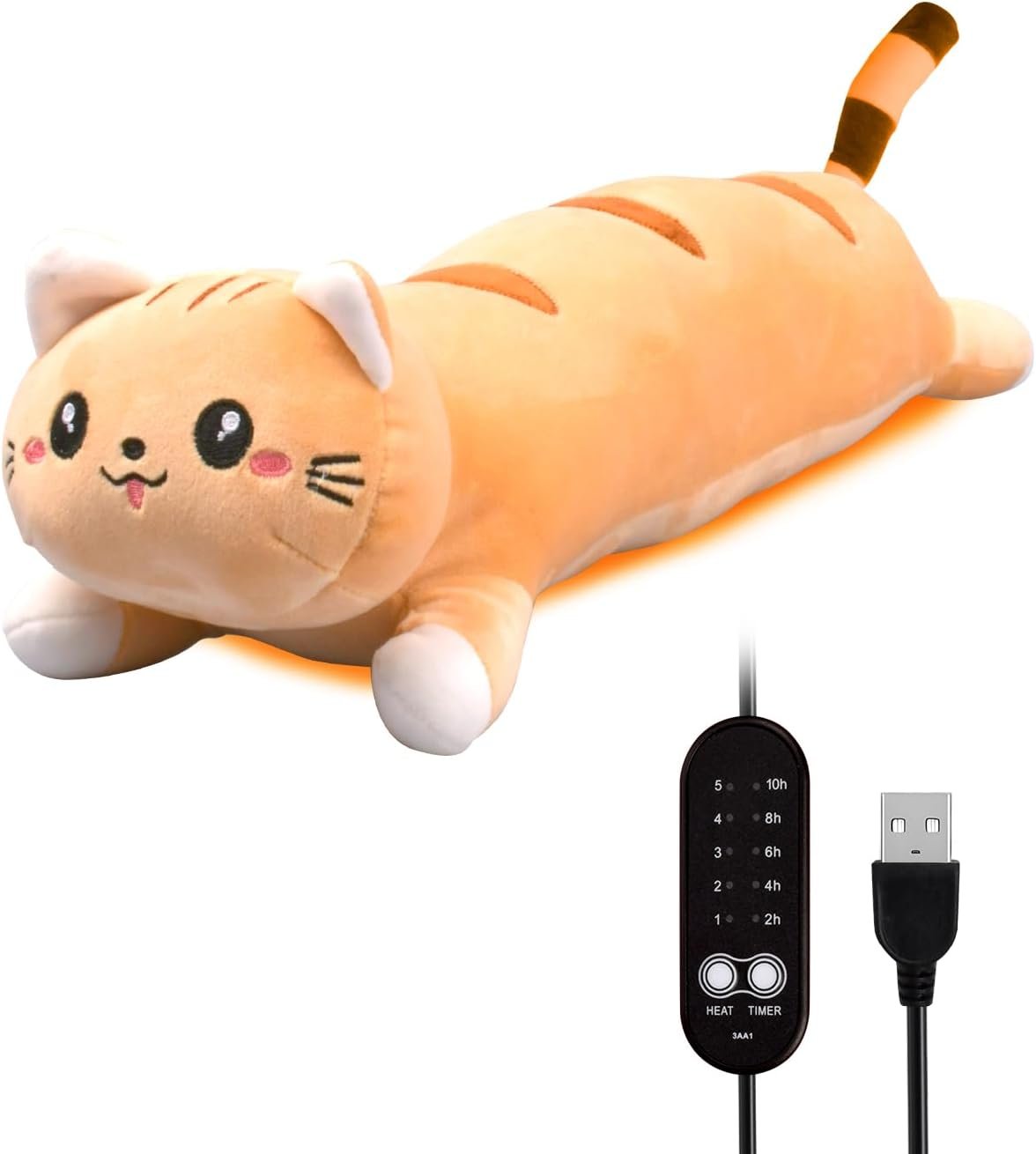 20″ Brown Cat Heating Pad for Period Cramps USB Portable Electric 5 Heat Settings 5 Timer Modes Auto Shut Off Plush Stuffed Animal Warmer for Neck Back Pain Relax for Women Kids