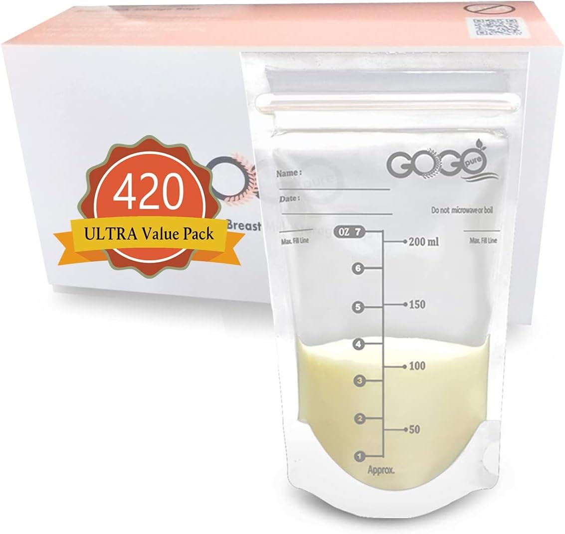 420 CT ULTRA Value Pack Breastfeeding Breastmilk Storage Bags – 7 OZ, EACH PRE-STERILIZED By Gamma Ray, BPA Free, Leak Proof Storing Double Zipper Seal, Self Standing, for Refrigeration and Freezing