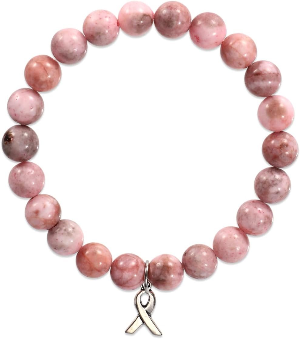 Mikovivi Breast Awareness Bracelet for Women, Ribbon Charm Beaded Bracelets Natural Stone Agate Breast Survivor Self Care Inspirational Gifts Encouragement Accessories for Woman Friends Sister