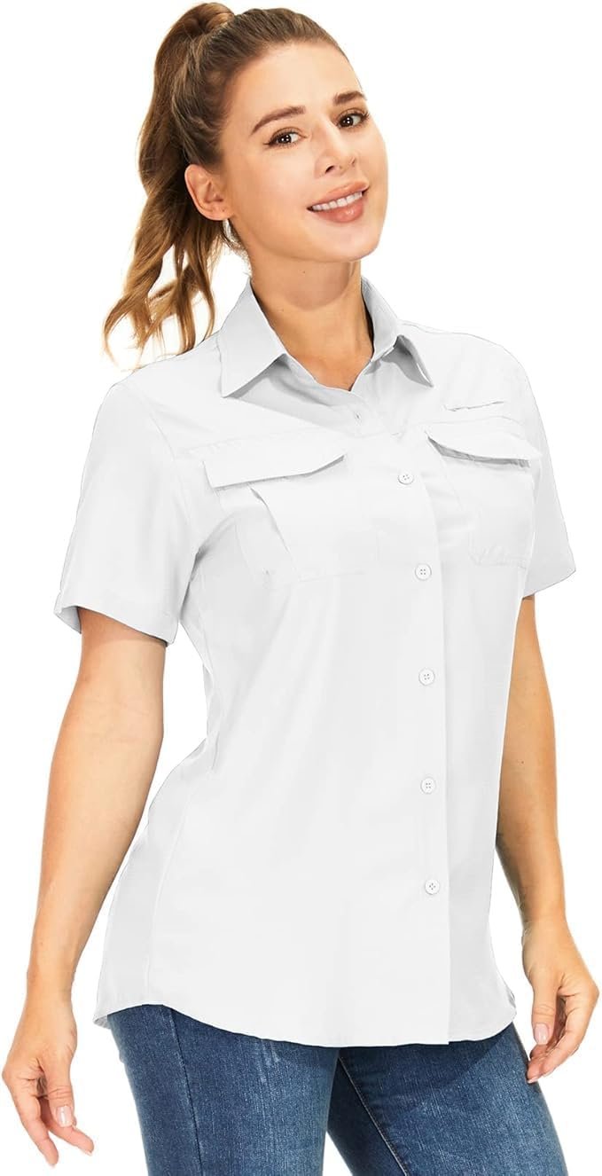 Women’s UPF 50+ UV Sun Protection Safari Shirts,Short Sleeve Quick Dry Outdoor Fishing Hiking Travel Shirts(5076,White,XS