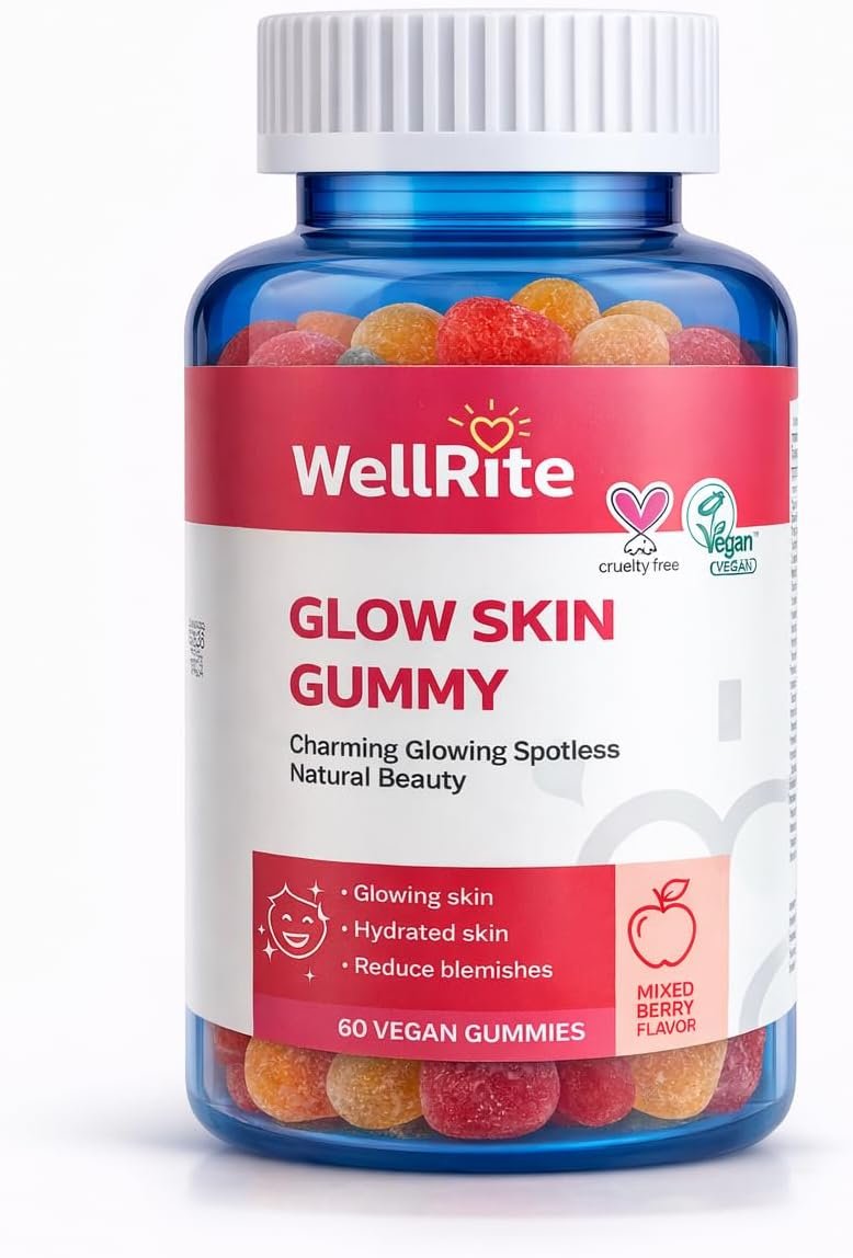 Glow Skin Gummy Vitamins, 60 Count, Apple Flavored, Vegan, Gelatin Free, Gluten Free, Nut Free, Glowing & Hydrated Skin, Reduced Eczema, Reduced Wrinkles