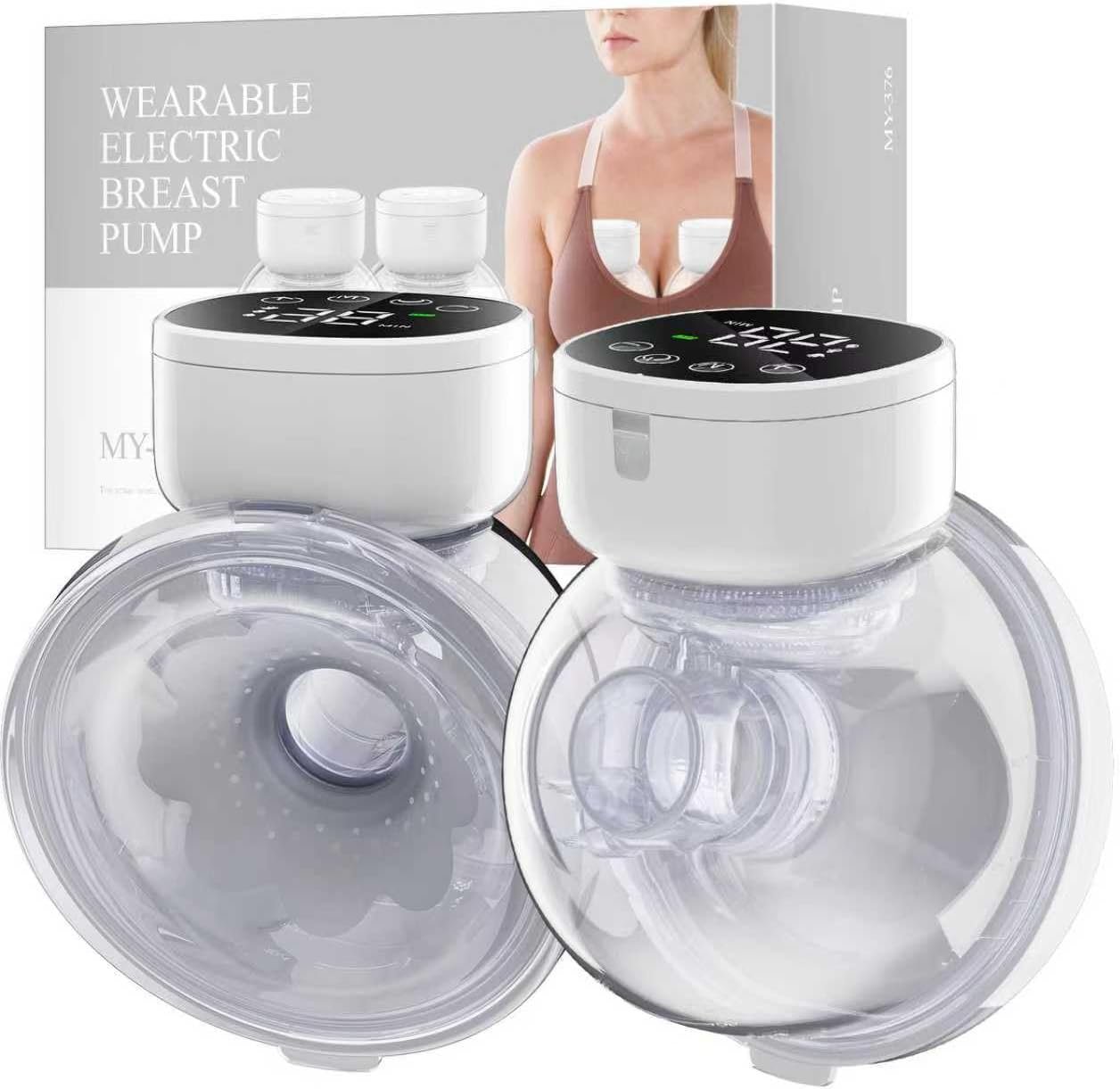 Hands Free Breast Pump Wearable MY-376 – Strong Suction & Low Noise Wearable Breastfeeding Pump with 3 Mode &9 Levels, Portable Electric Breast Pump – 24mm Flange, 2 Pack (White)