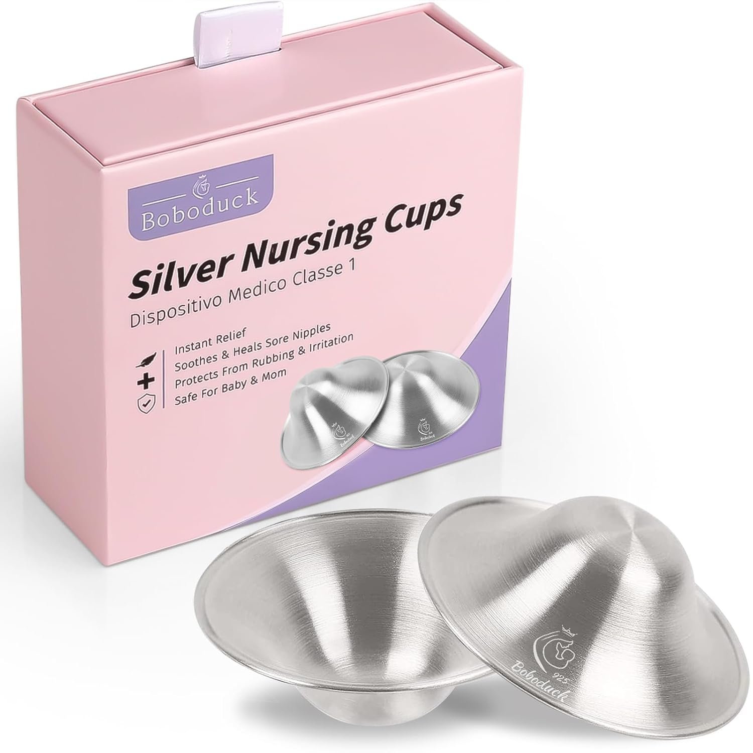 Boboduck The Original Silver Nursing Cups – Nipple Shields for Nursing Newborn, Newborn Breastfeeding Must Haves for Soothe and Protect Your Nursing Nipples – 925 Silver (Regular Size)