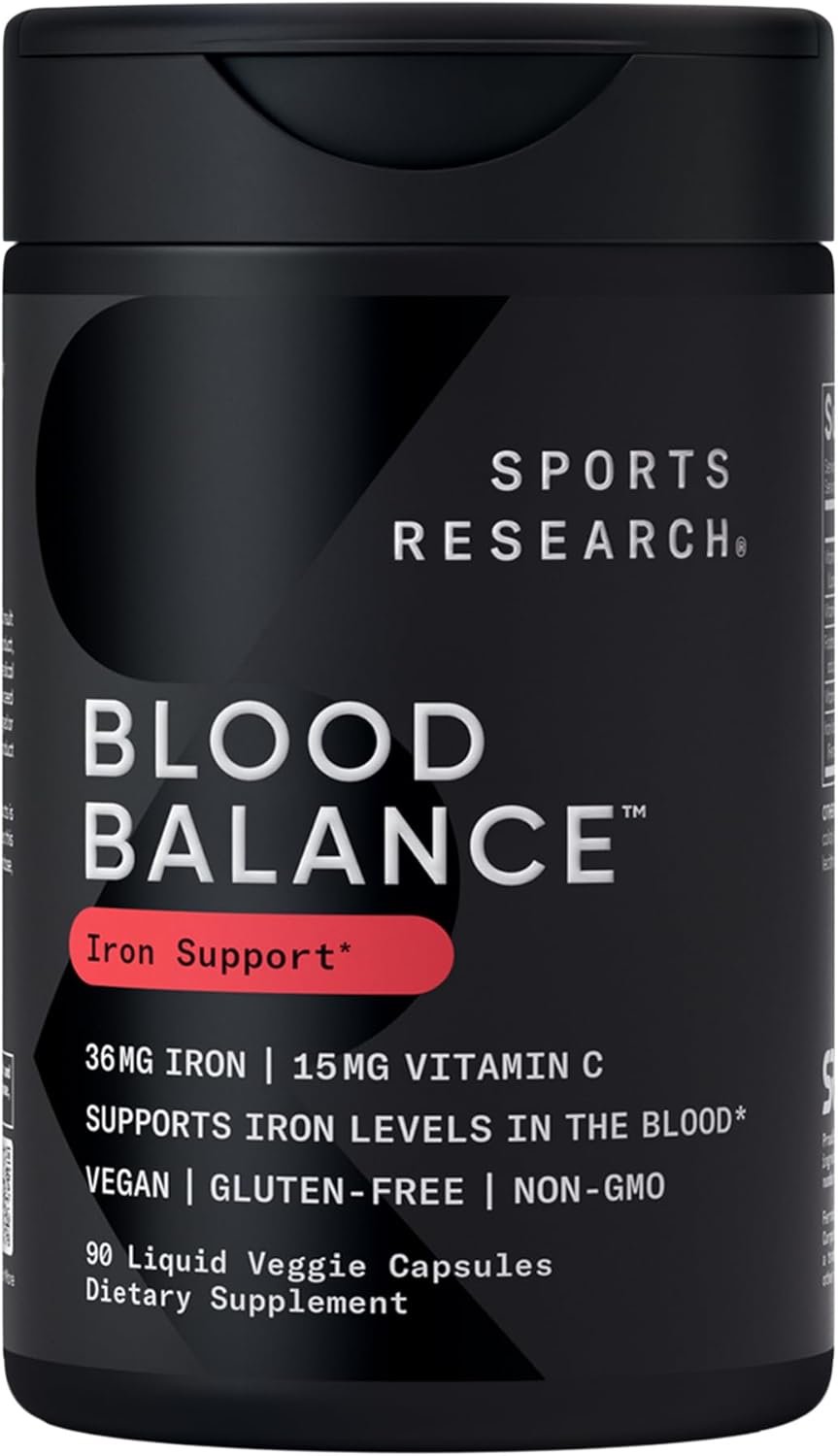 Sports Research® Blood Balance Iron Supplement – 36 MG Iron + Folate & Vitamin C for Absorption – Red Blood Cell Support for Women & Men* – Vegan Certified · Non-GMO · Gluten-Free – 90 Capsules