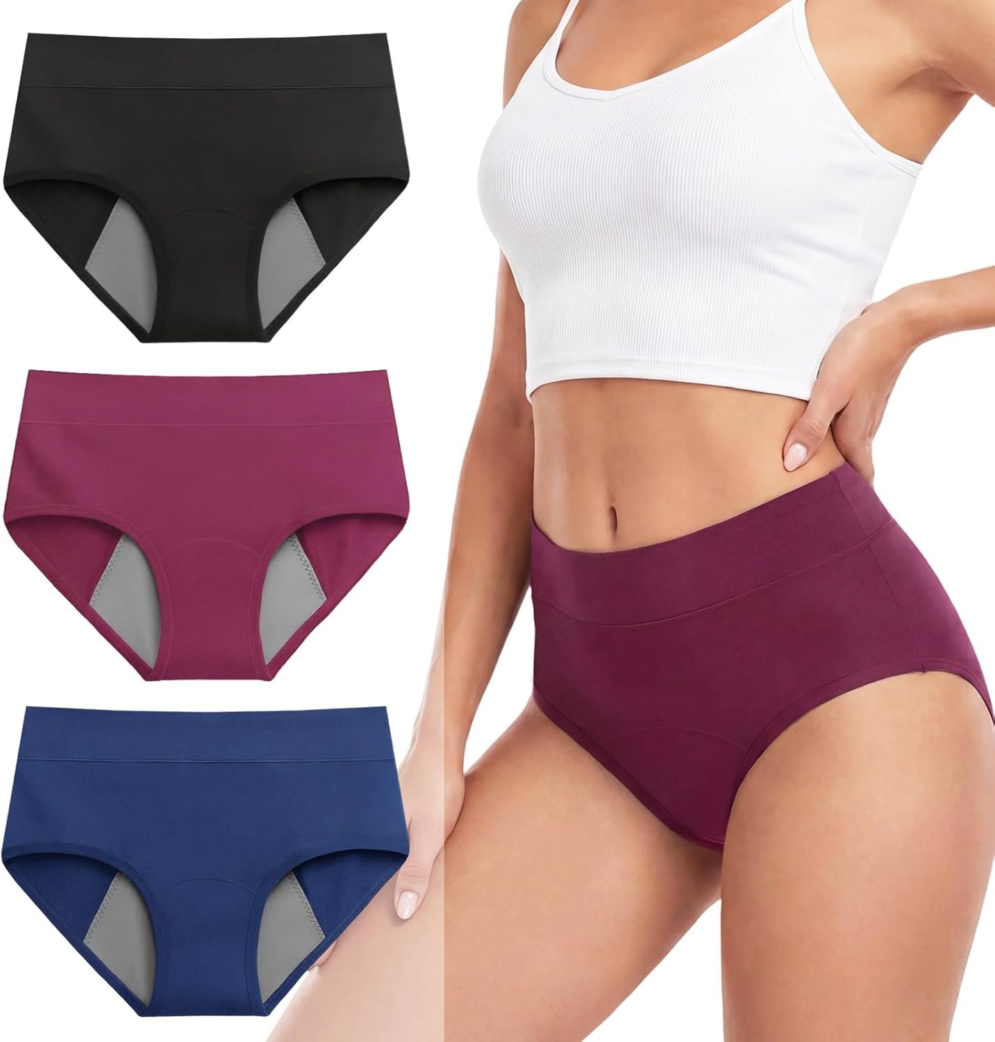 Period Underwear for Women, Heavy Flow Leakproof Underwear for Women, Washable Cotton Postpartum Underwear & High Waisted Incontinence Panties 3 Pack