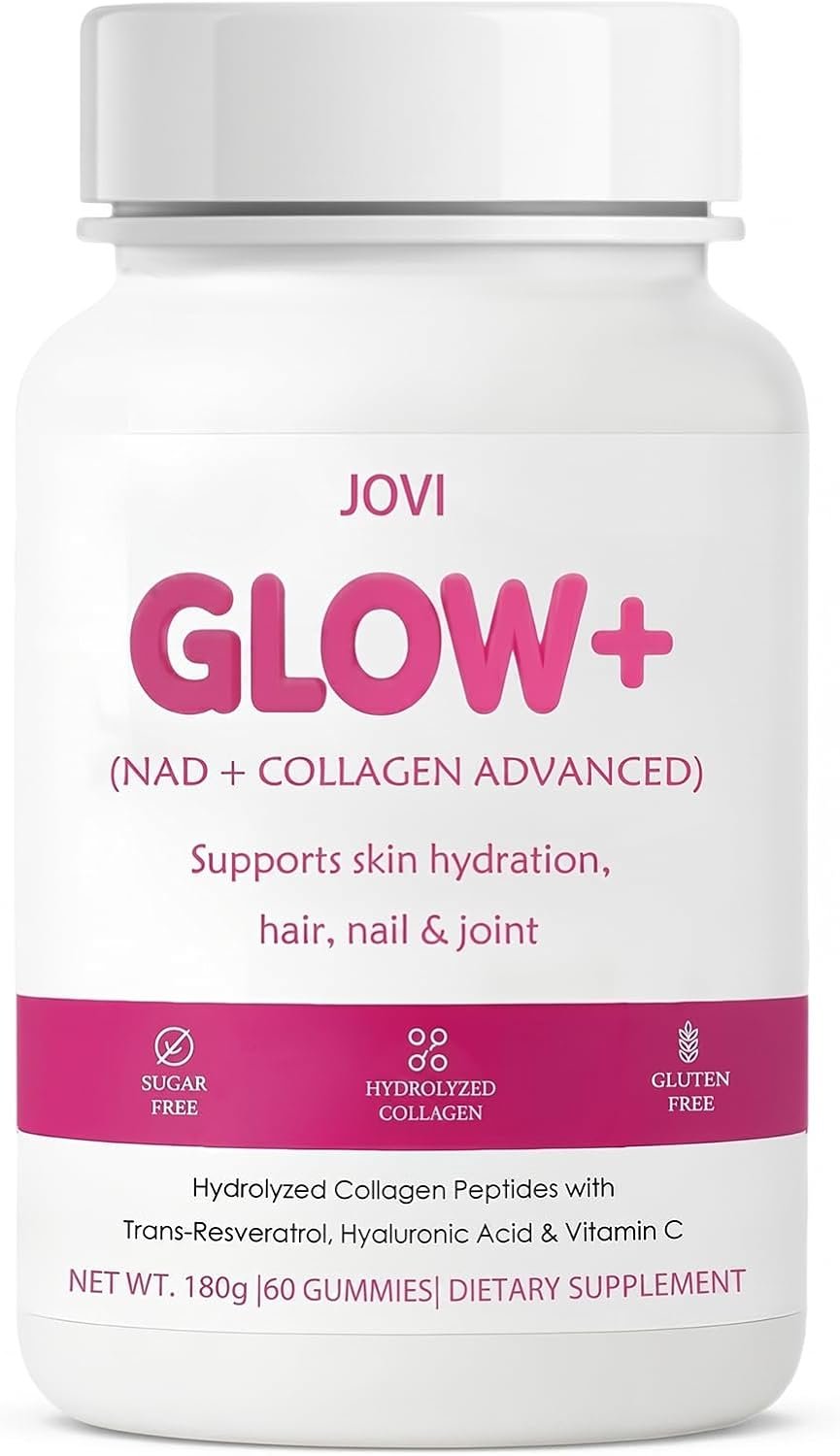 Jovi Glow+ NAD+ Hydrolyzed Collagen Advanced Gummies – Advanced Absorption Multi-Type Peptides with Resveratrol, Hyaluronic Acid, Vitamin C & E, Skin, Hair & Nail Support