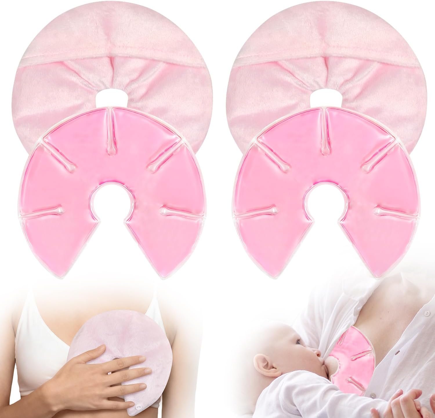Breast Therapy Packs, 2 Pack Reusable Hot Cold Gel Packs for Nipple Pain Relief, Mastitis, Engorgement, Support for Breastfeeding and Pump Aid-Flexible & Washable with 2 Soft Covers (Pink)