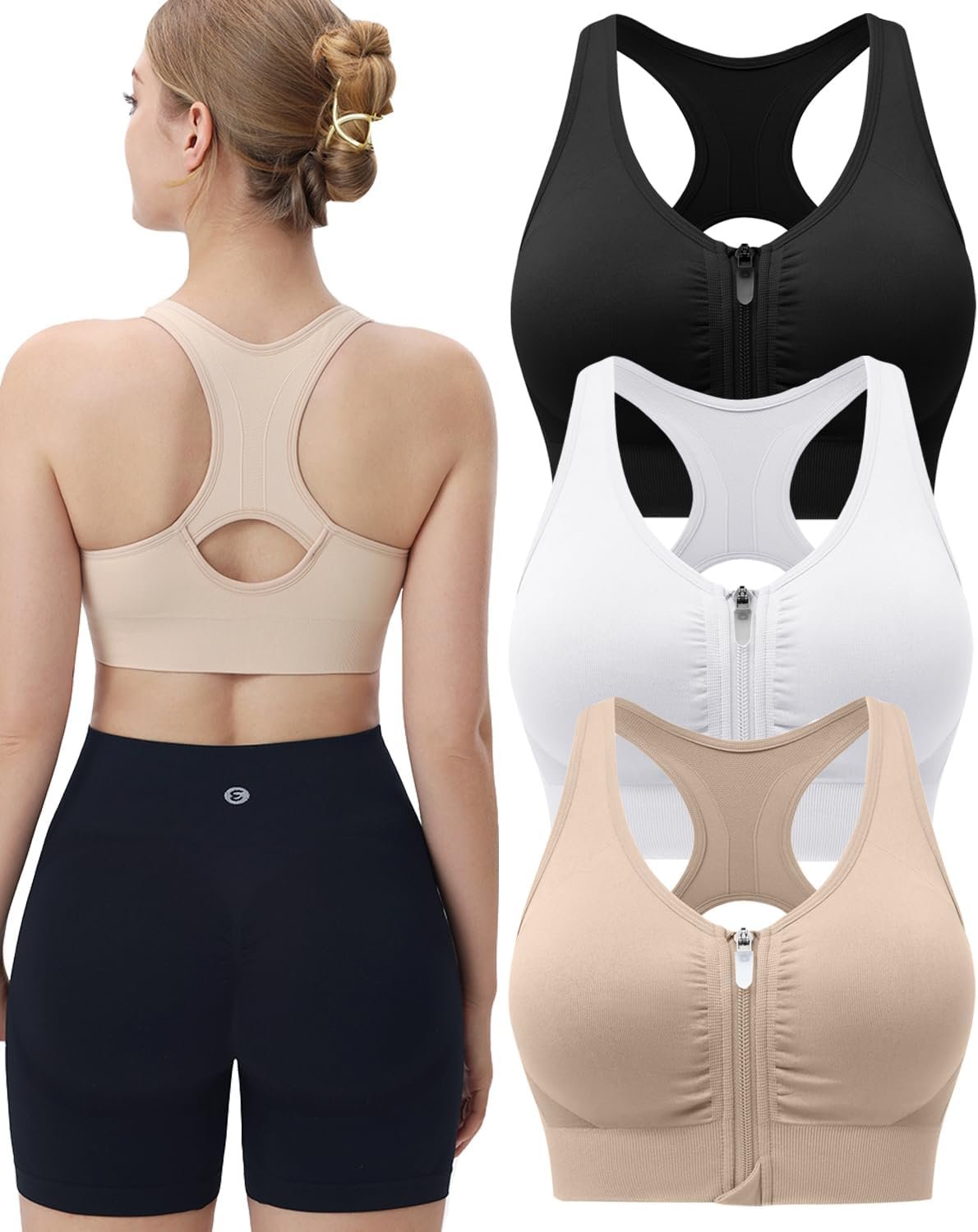 Evercute Women’s Zip Front Sports Bras Wireless Padded Racerback Medium Support Post-Surgery Bra Yoga Exercise Athletic Bras