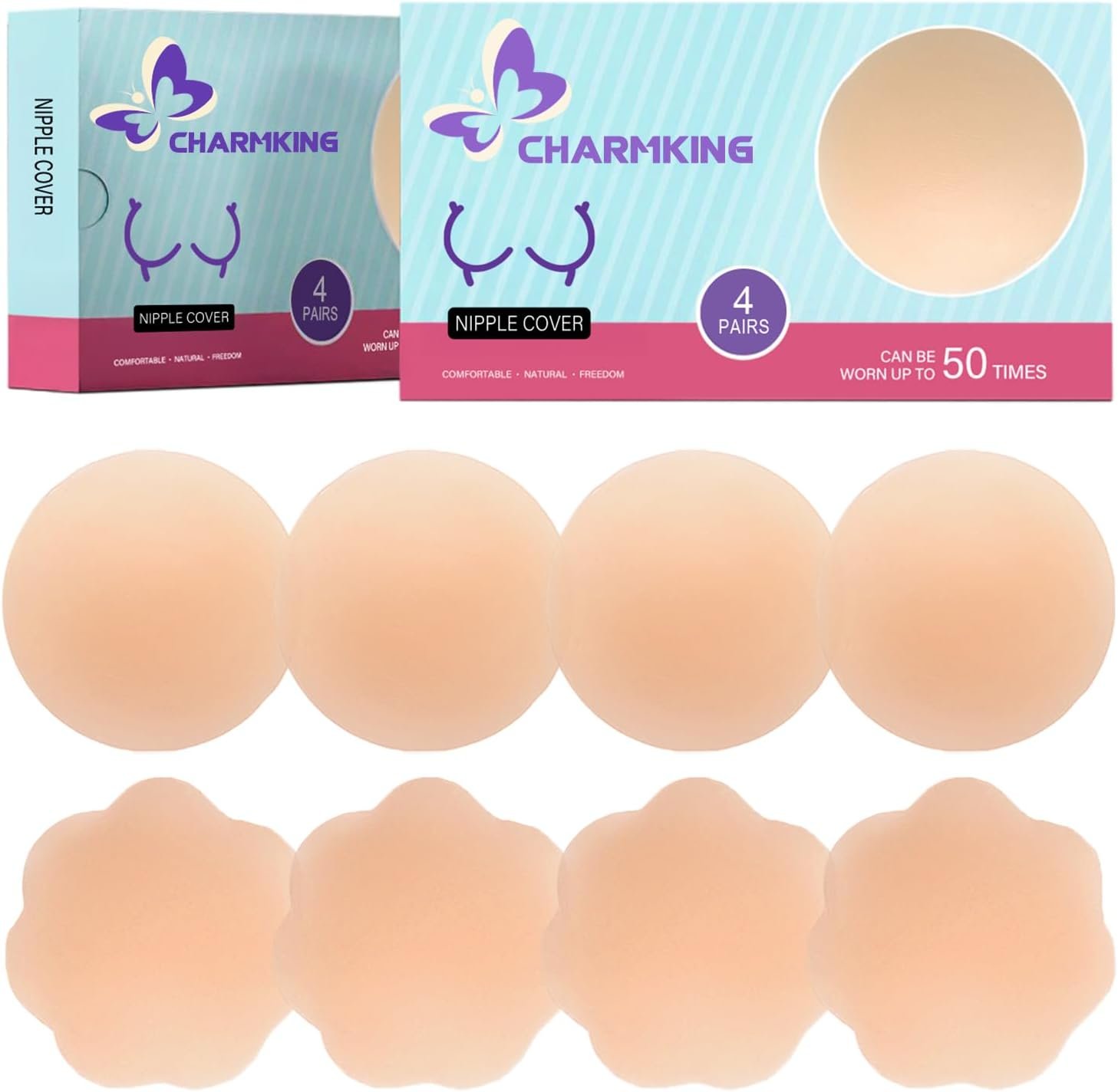 CHARMKING Pasties Nipple Covers 4 Pairs for Women, Reusable Adhesive Silicone Nipple Covers No Show