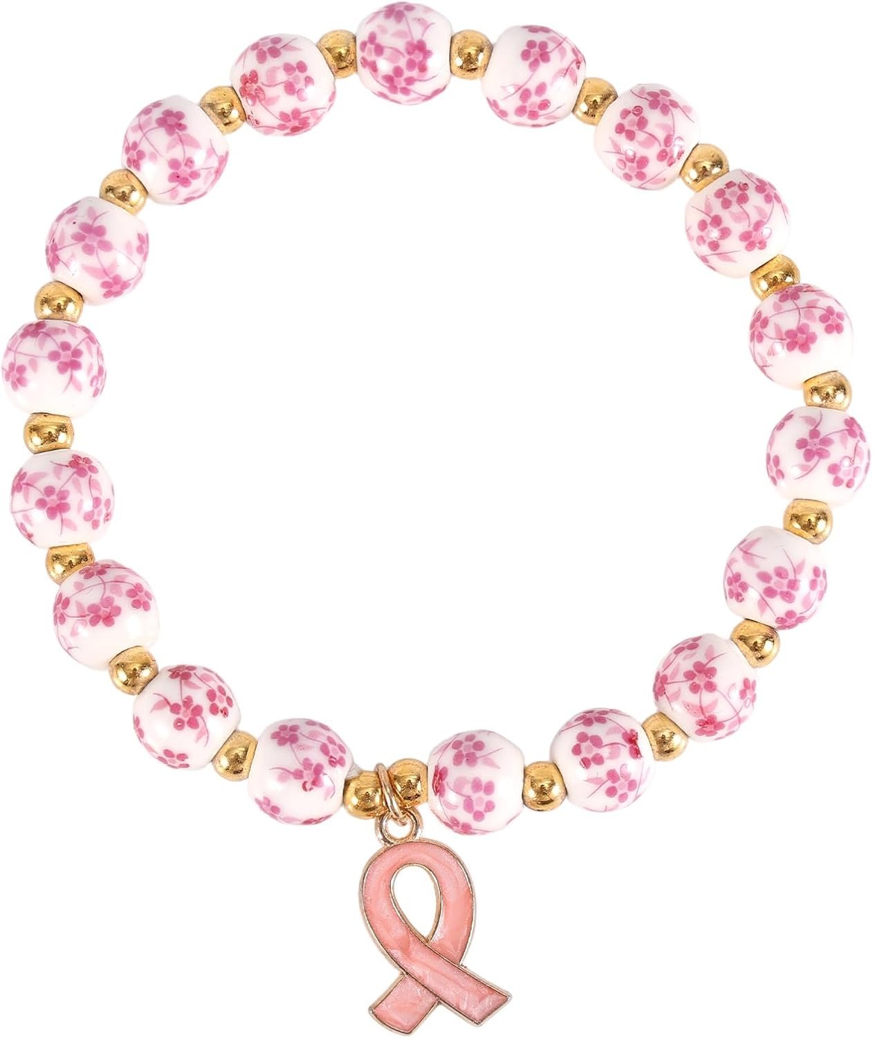 Breast Awareness Bracelets, Ceramic/Copper Inspirational Beads Ribbon Charm Bracelet Breast Care Encouragement Jewelry for Women Relatives Friends Gift (Pink)