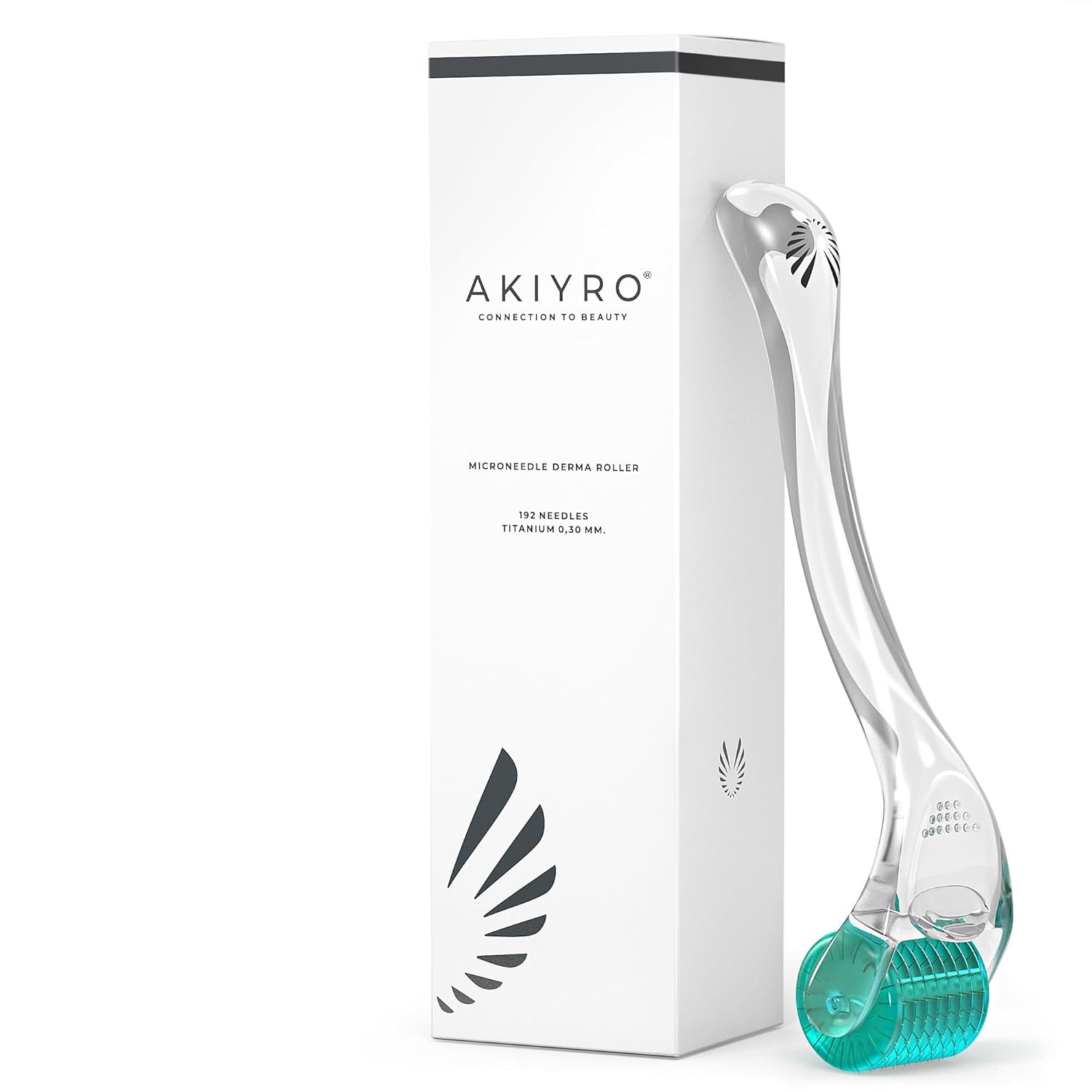 AKIYRO Derma Roller 0.30mm – Microneedle Roller with Storage Case – 192 Micro Needling Dermal Tool for Face, Beard, Scalp & Body – At Home Microneedling Skin Care for Women & Men (Green)