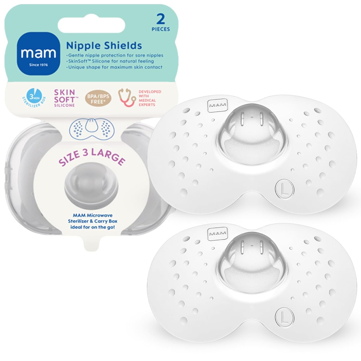 MAM Nipple Shields for Breastfeeding Large 23mm – Ultra Thin Silicone Shield for Latch Assist, Protects Sore or Flat Nipples, SkinSoft Surface, Sterilizing Case Included, BPA Free (2 Pack)