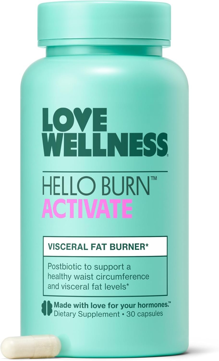 Love Wellness Hello Burn Activate | Support Visceral Fat Burn with BPL1® HT Postbiotic | Supports Healthy Waist Circumference, Longevity and Metabolic Wellness | 30 Count