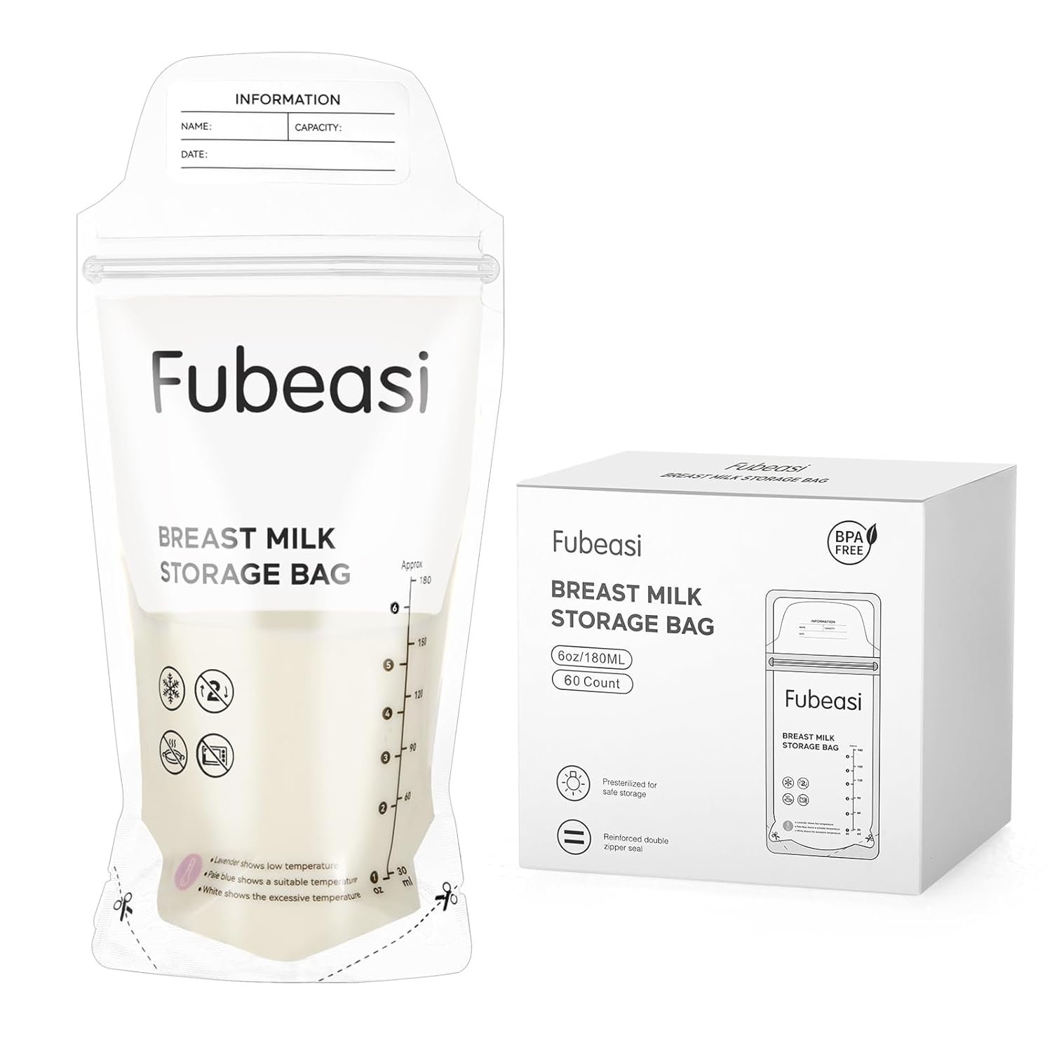 Breastmilk Storing Bags,Temp-Sensing Discoloration Milk Storing Bags for Breastfeeding, Leak Proof Double Zipper Seal Self Standing Breastmilk Bags for Breastfeeding – 6 OZ/180ml (60 Count)