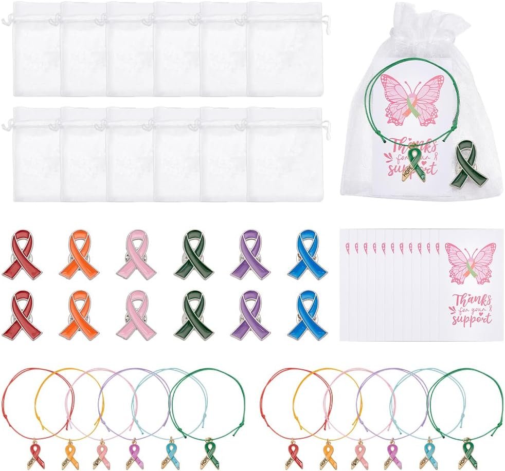 WADORN 48Pcs Mental Health Awareness Combo Pack Alloy Teal Ribbon Bracelet 6 Colors Pin Brooch with Motivational Cards for Mental Health Month Breast Cancer Prevention Events Decoration