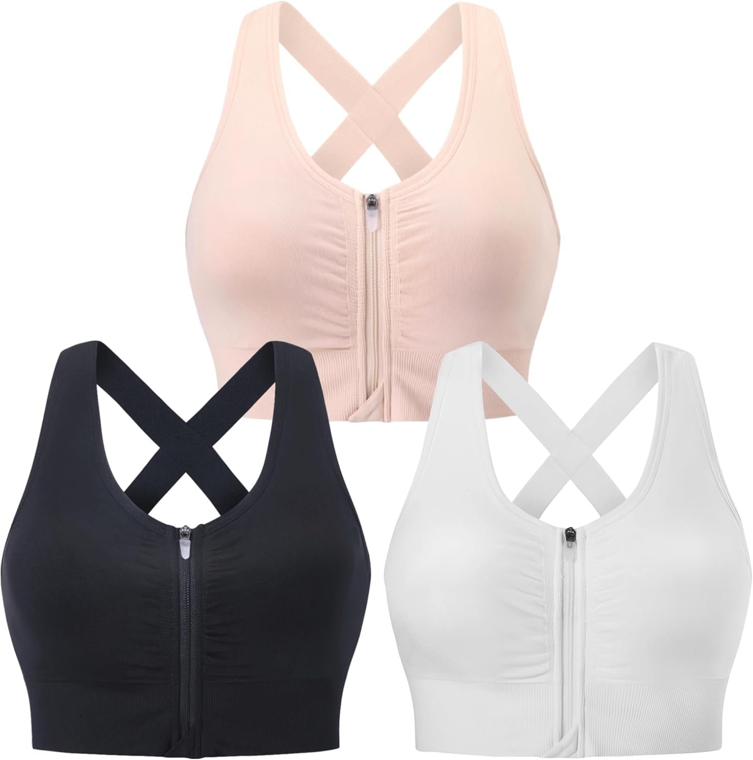 Evercute Zip Front Post-Surgery Bra Women’s Wireless Sports Bras Padded Strappy Medium Support Yoga Exercise Athletic Bras
