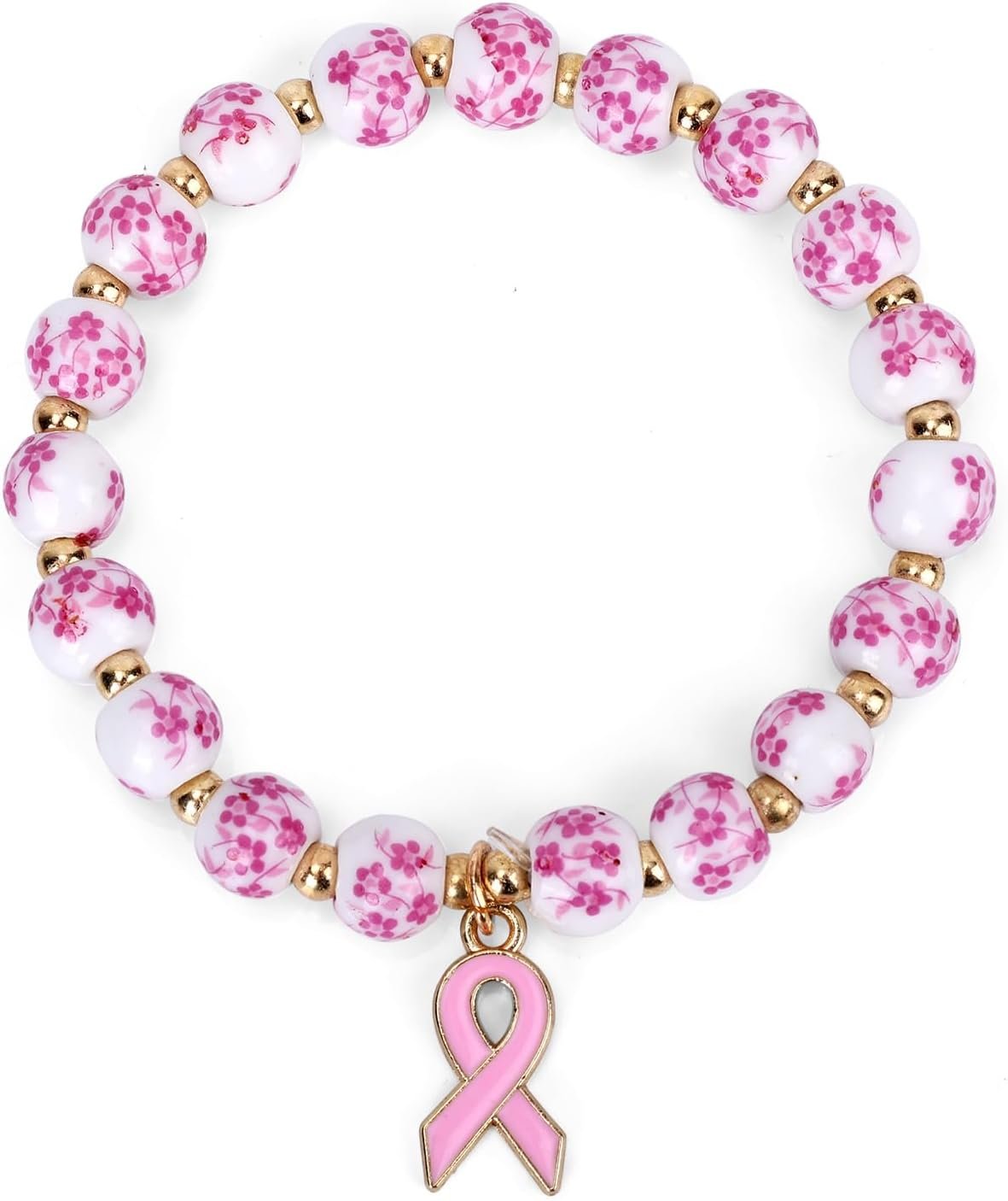 Breast Awareness Bracelets, Pink Ribbon Charm Beaded Bracelet Breast Care Inspirational Jewelry Accessories for Women Friends Family Loved Ones