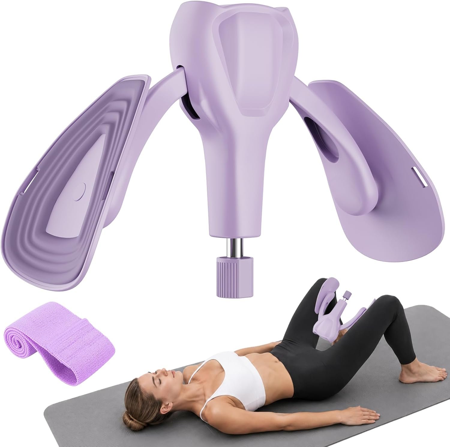 Pelvic Floor Exercise Devices 77 lb Adjustable Kegel Inner Thigh Exerciser and Hip Trainer Workout Equipment for Home Postpartum Recovery Women Men, with Band, Purple