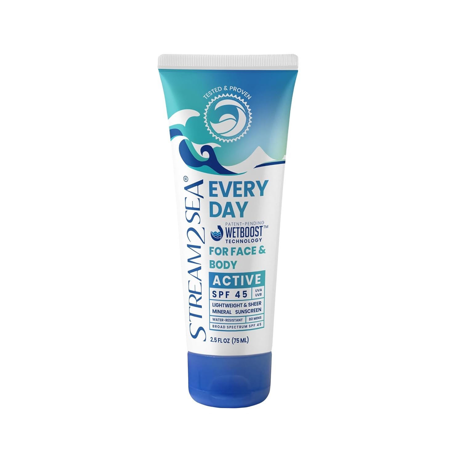 STREAM 2 SEA Every Day Active Mineral Sunscreen SPF 45 Broad Spectrum — Sport | Reef Safe, Biodegradable, EWG Verified | Zinc Oxide 19% Non-Nano, Water Resistant 80 Min | Face & Body 2.5 Fl Oz