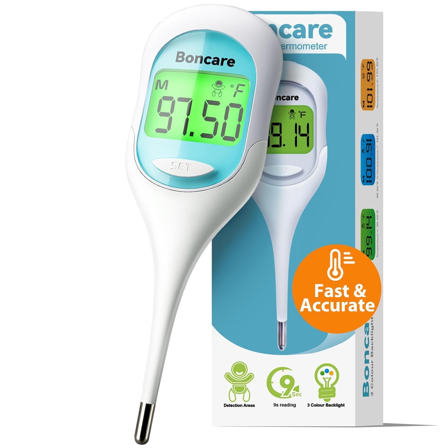 Boncare 9 Seconds Basal Body Thermometer for Ovulation, Oral Thermometer for Adults and Kids – Accurate Rectal Thermometer, with Fever Alarm and Large Display (Sky Blue)