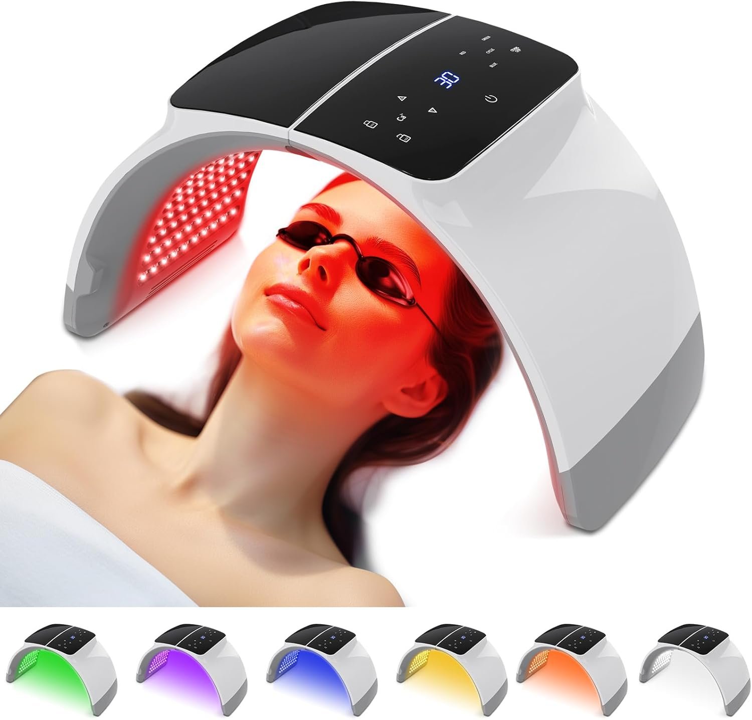 7-in-1 LED Face Mask, Multi-Color Light Beauty Device with Red Blue Green Yellow Purple Cyan White Modes, At-Home Facial SPA for Women Men, Gift Idea