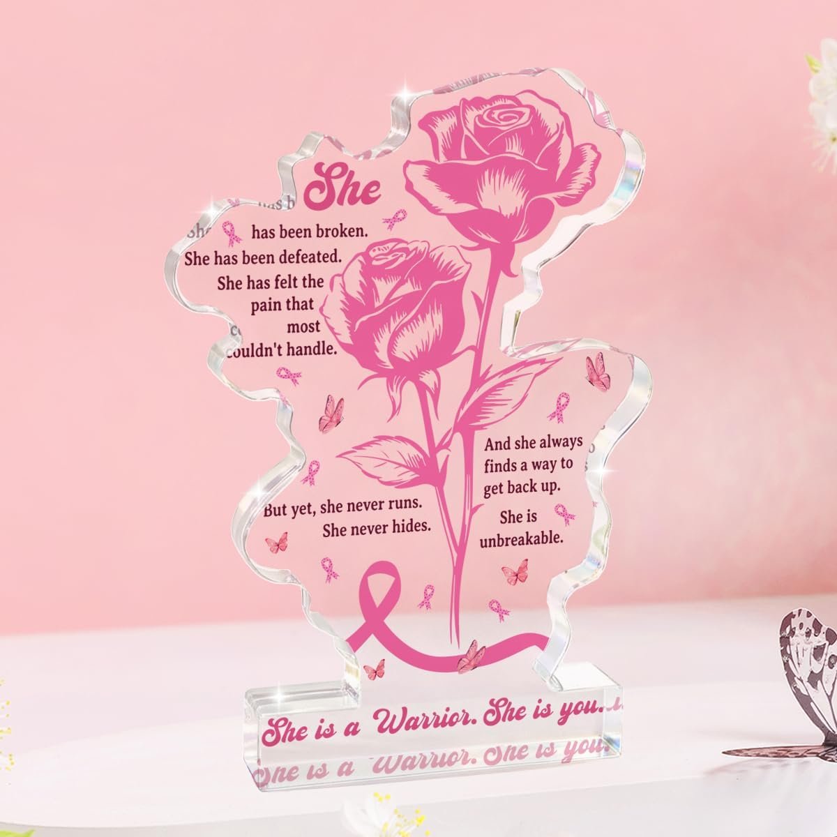 Inspirational Breast Cancer Awareness Accessories Survivor Gifts for Women Mom Friend, Breast Cancer Free Party Awareness Decorations Best Bestie Friend Gifts for Woman Aunt Home Heal Decorative Flower Acrylic Signs
